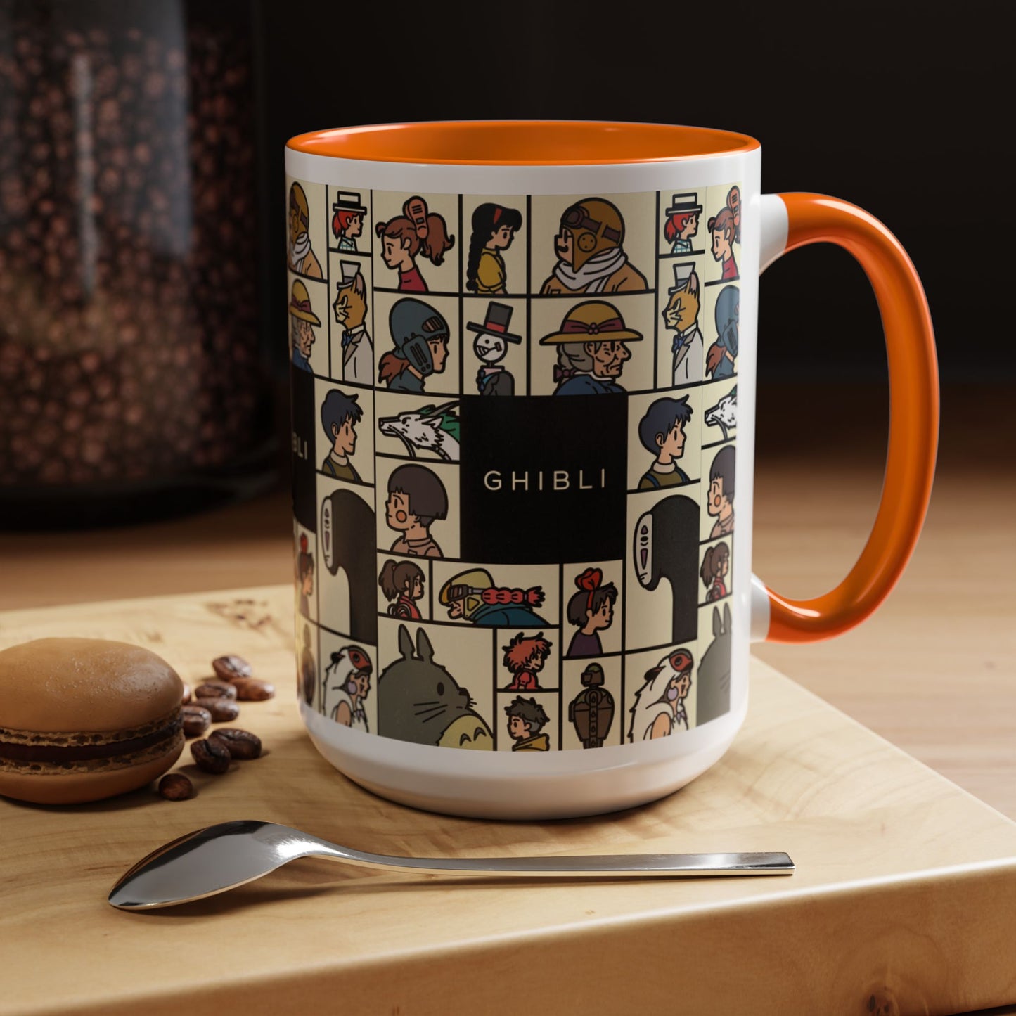 Studio Ghibli Characters Sketch Accent Mug – 11oz & 15oz Anime Coffee Cup with Color Handle