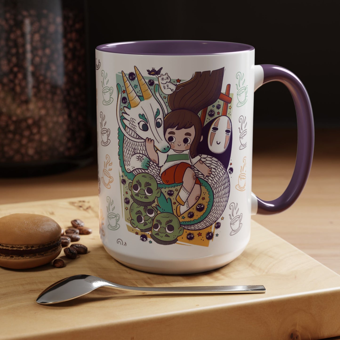 Spirited Away Accent Mug – Color Handle Anime Cup 11oz & 15oz – Studio Ghibli Coffee Mug Featuring Chihiro & No Face