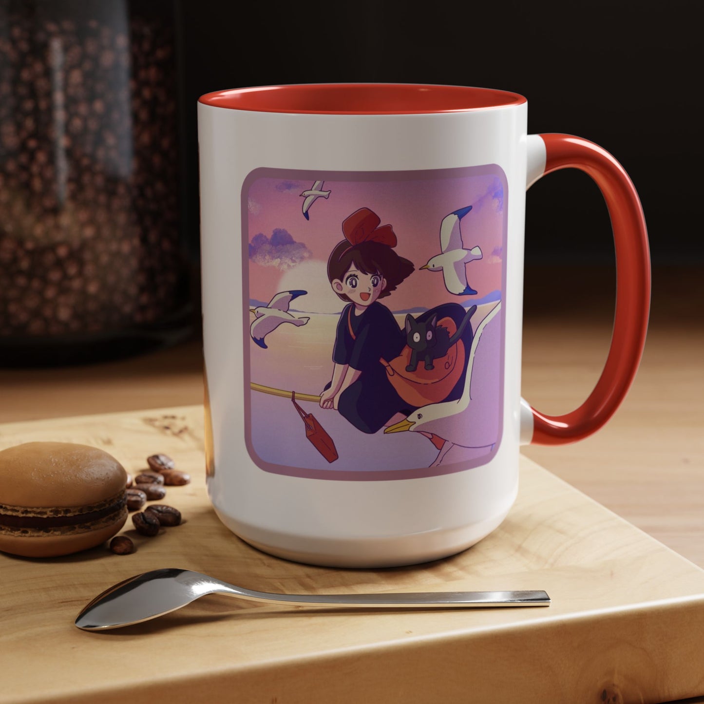 Jiji Funny Accent Mug – Kiki’s Delivery Service Color Handle Cup 11oz & 15oz – Cute Ghibli Cat Anime Gift