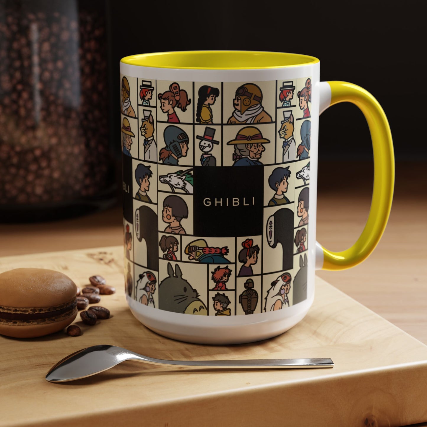 Studio Ghibli Characters Sketch Accent Mug – 11oz & 15oz Anime Coffee Cup with Color Handle