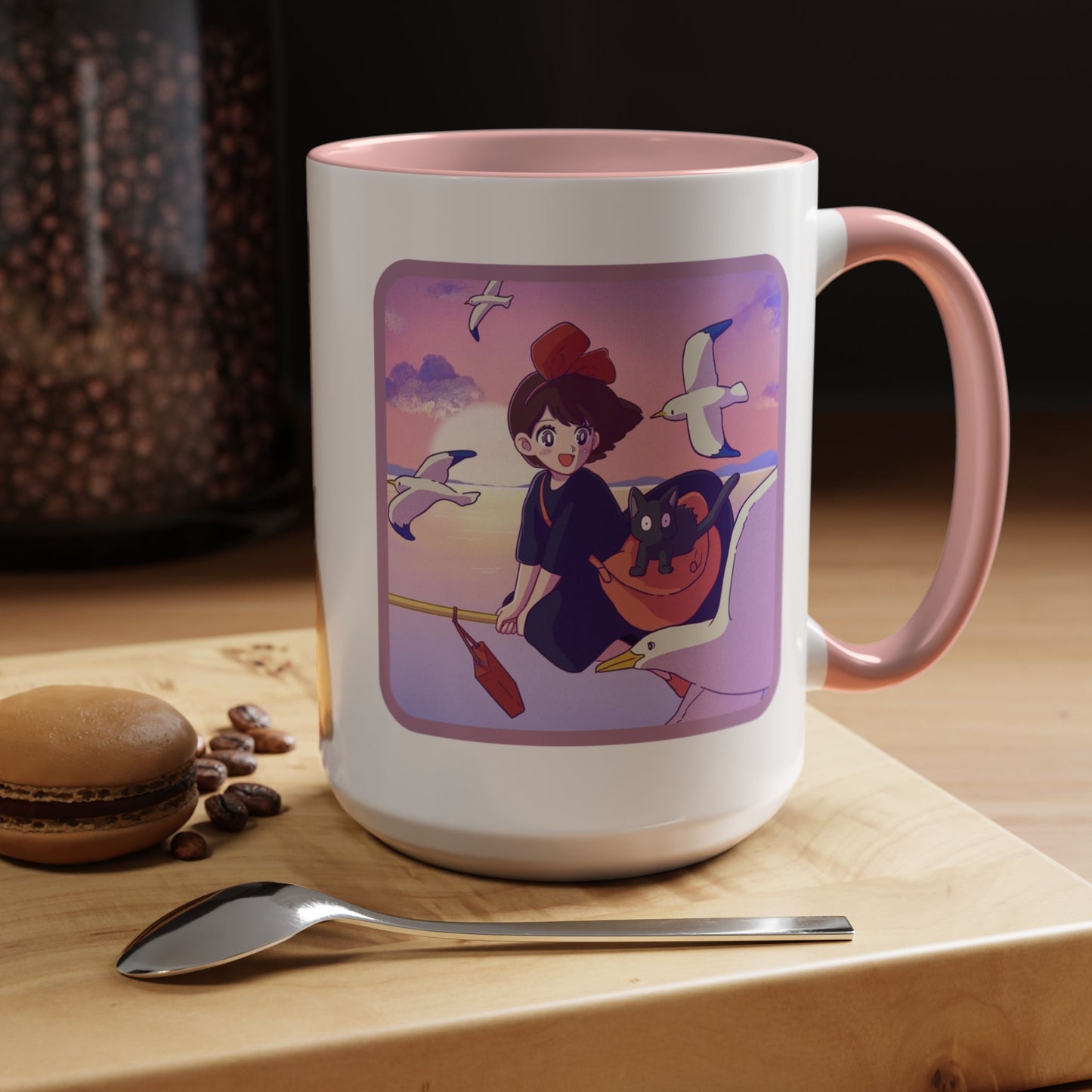 Jiji Funny Accent Mug – Kiki’s Delivery Service Color Handle Cup 11oz & 15oz – Cute Ghibli Cat Anime Gift