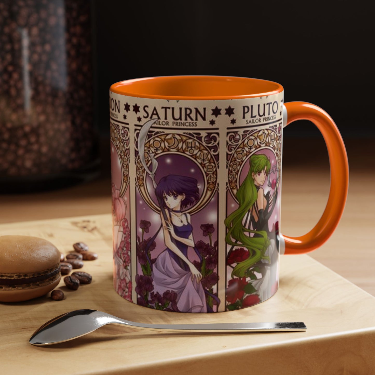 Sailor Moon Outer Guardians Accent Mug – Uranus Neptune Pluto Saturn – Color Handle Anime Cup 11oz 15oz