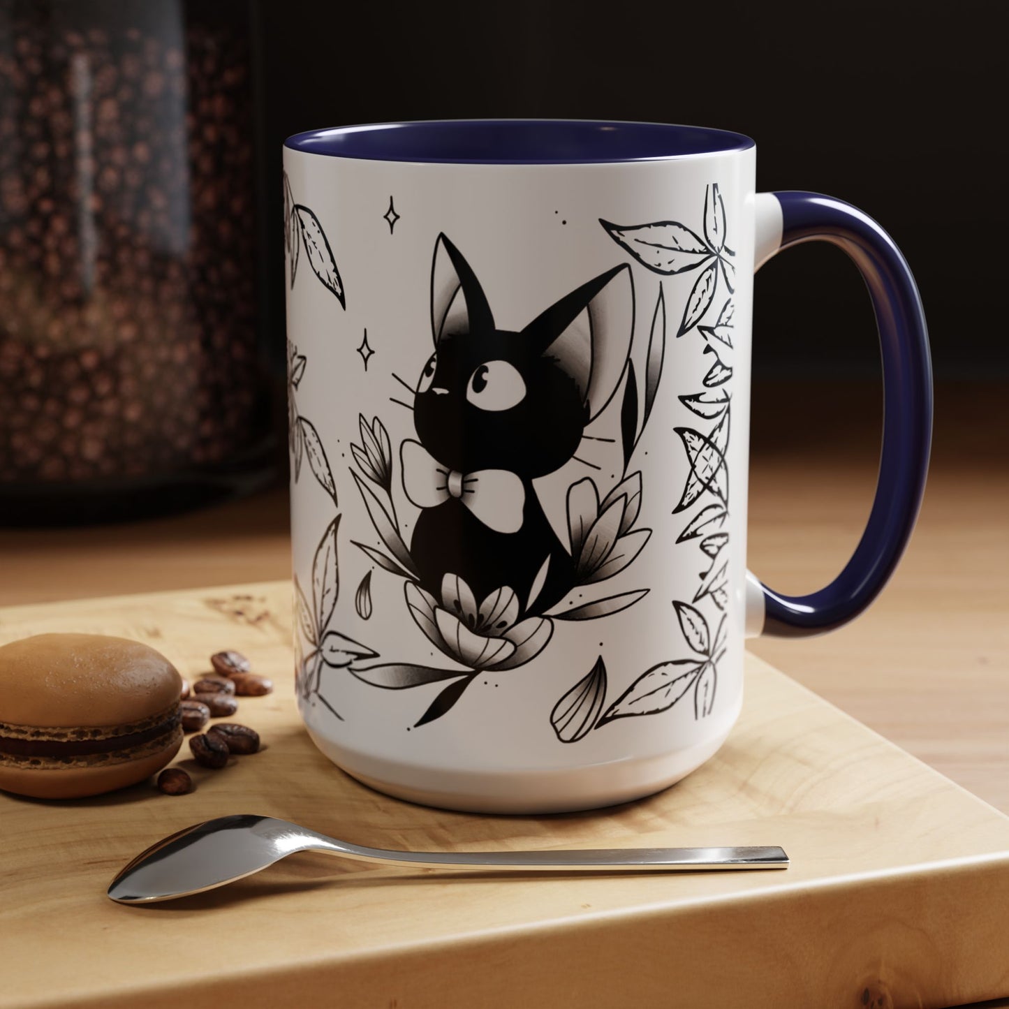 Jiji Cat Studio Ghibli Mug – 11oz & 15oz Accent Handle Coffee Cup – Cute Kiki’s Delivery Service Gift