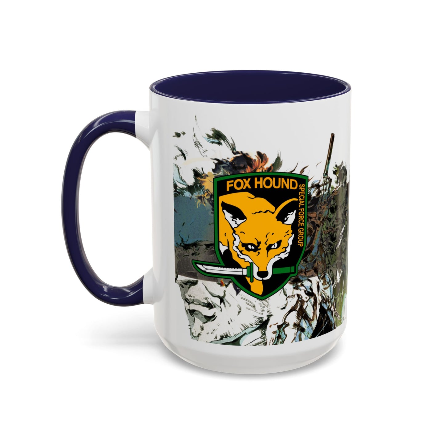 Metal Gear Fox Hound Accent Mug – 11oz & 15oz Colored Handle Coffee Cup – Tactical Gamer Gift for Fans