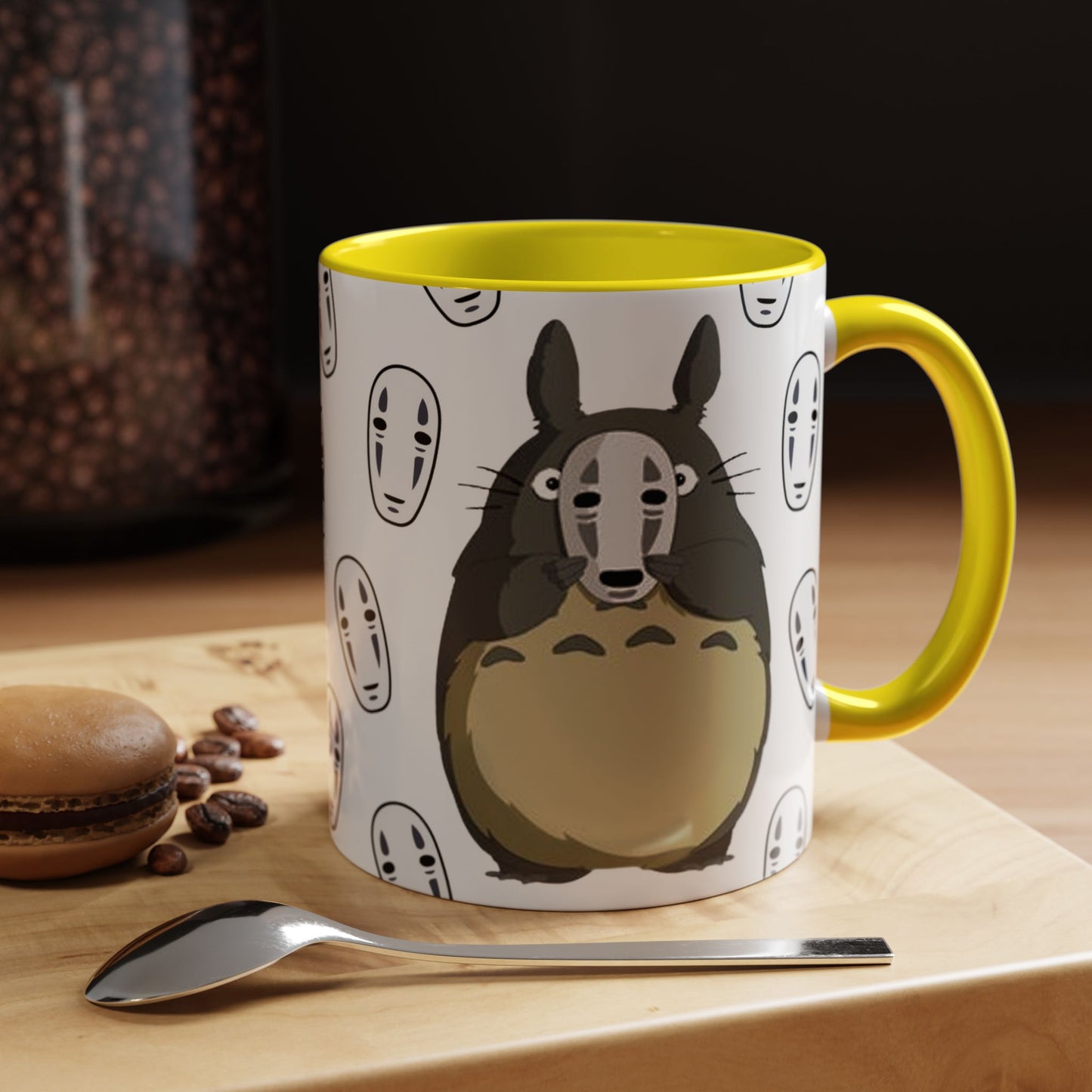 Totoro No Face Mask Accent Mug – Studio Ghibli Color Handle Cup 11oz & 15oz – Cute Anime Crossover Coffee Gift
