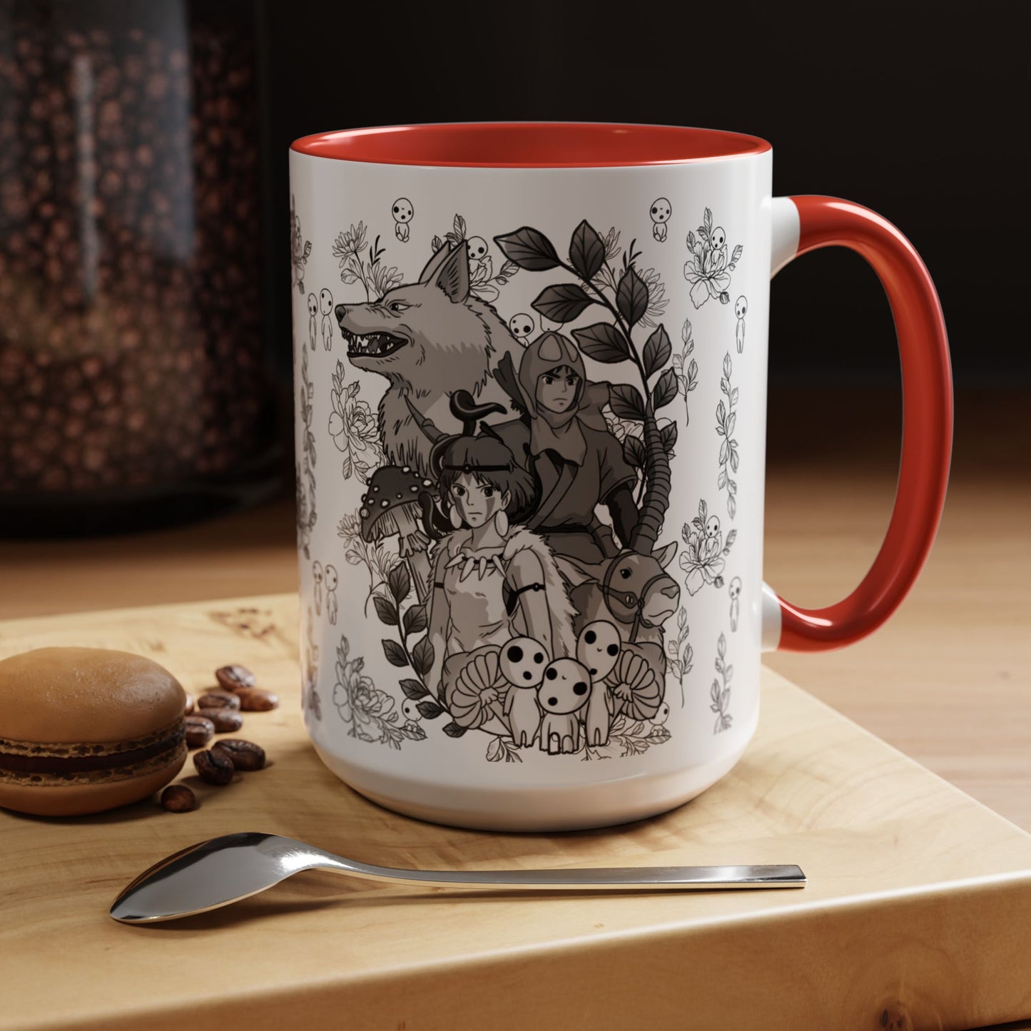 Princess Mononoke Black and White Accent Mug – Studio Ghibli Coffee Cup with Colored Handle – 11oz & 15oz Ceramic Anime Gift