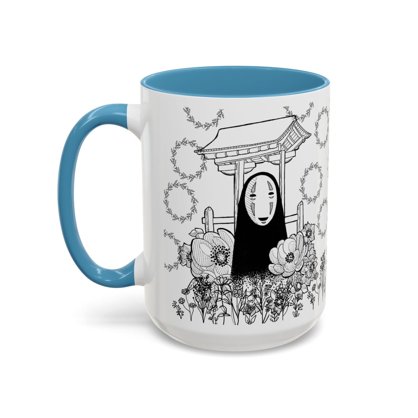 No Face Flowers Accent Mug – Studio Ghibli Inspired Coffee Cup – 11oz & 15oz Ceramic Anime Gift