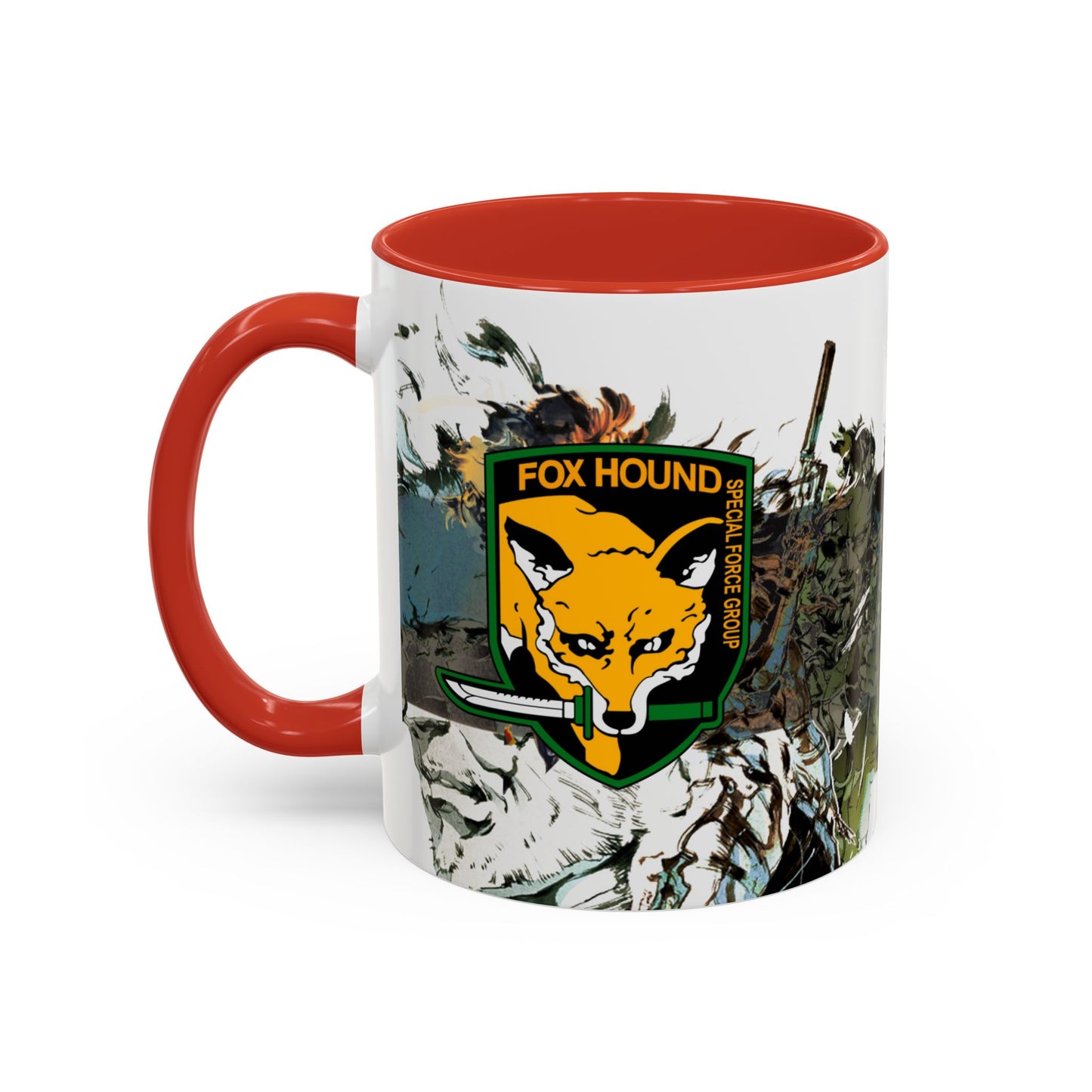 Metal Gear Fox Hound Accent Mug – 11oz & 15oz Colored Handle Coffee Cup – Tactical Gamer Gift for Fans