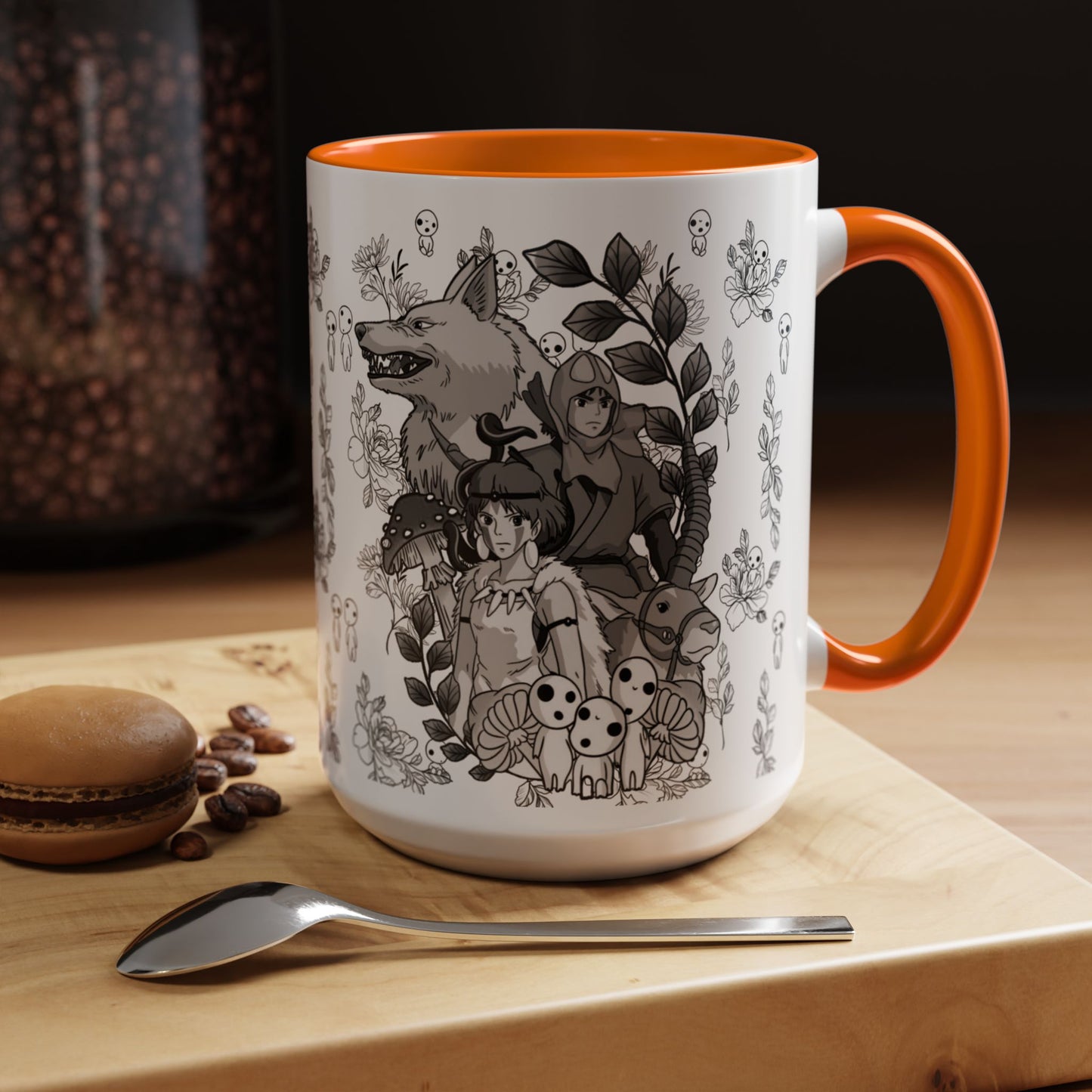 Princess Mononoke Black and White Accent Mug – Studio Ghibli Coffee Cup with Colored Handle – 11oz & 15oz Ceramic Anime Gift