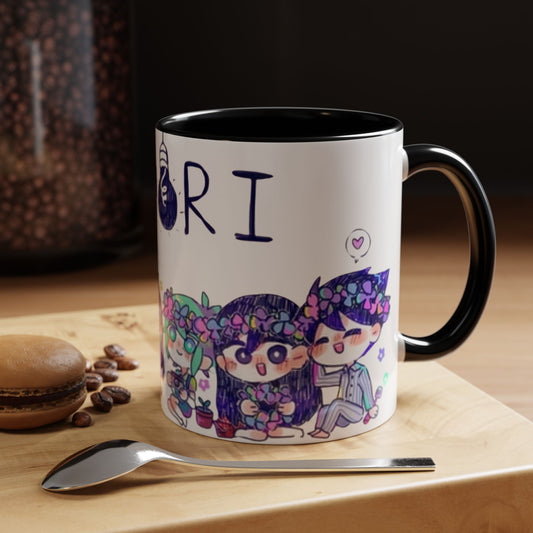 Family Omori Accent Handle Mug – 11oz & 15oz Color Handle Ceramic Cup – Cute Indie Game Gift for Omori Fans