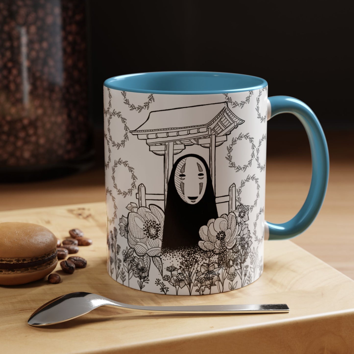 No Face Flowers Accent Mug – Studio Ghibli Inspired Coffee Cup – 11oz & 15oz Ceramic Anime Gift