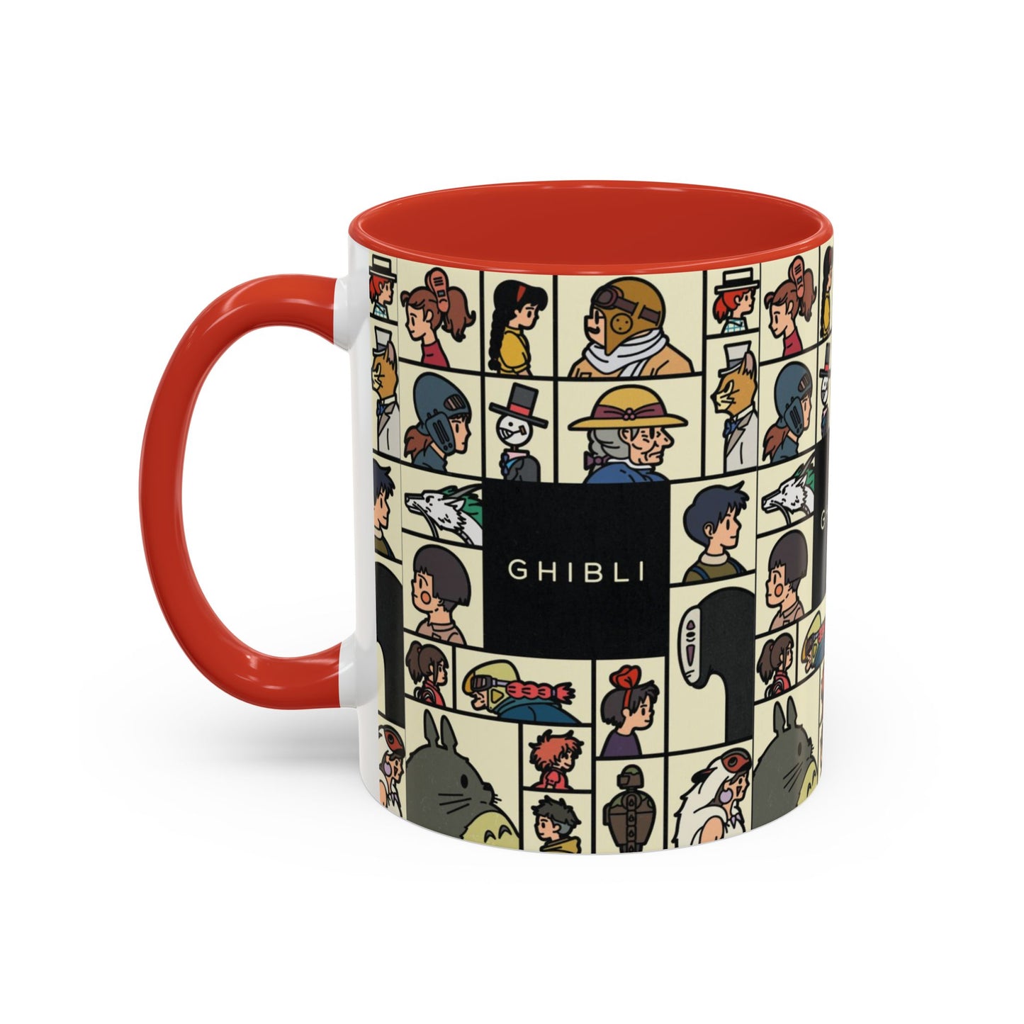 Studio Ghibli Characters Sketch Accent Mug – 11oz & 15oz Anime Coffee Cup with Color Handle