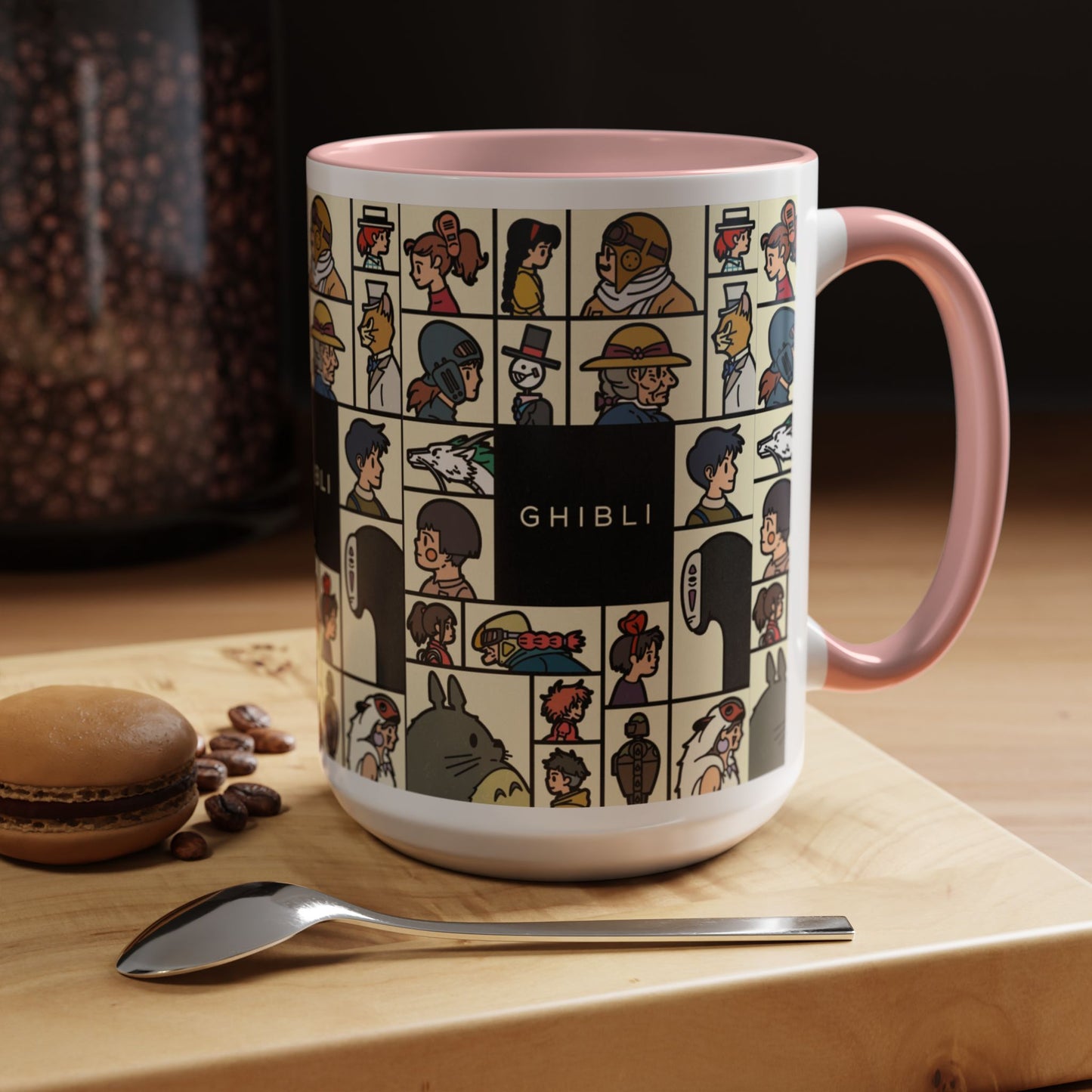 Studio Ghibli Characters Sketch Accent Mug – 11oz & 15oz Anime Coffee Cup with Color Handle