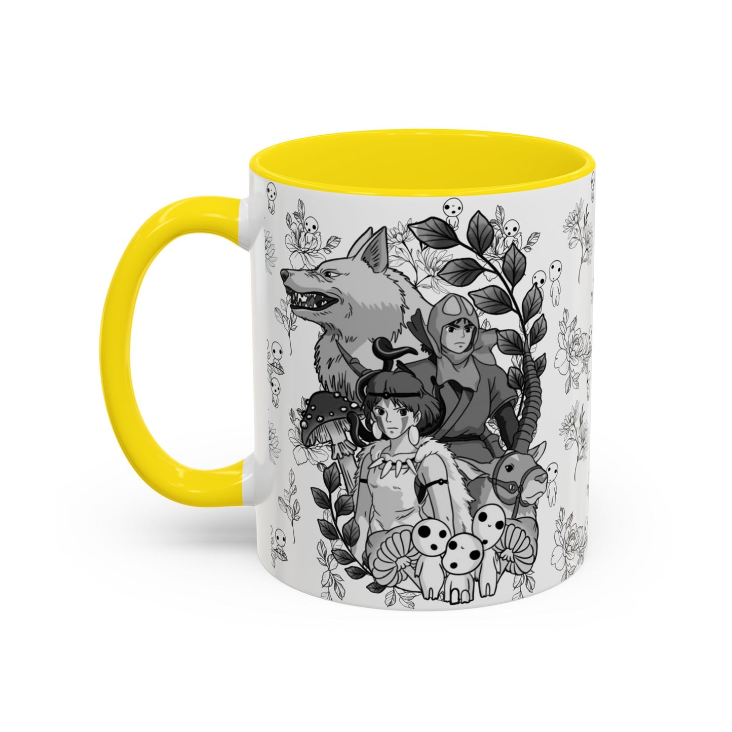 Princess Mononoke Black and White Accent Mug – Studio Ghibli Coffee Cup with Colored Handle – 11oz & 15oz Ceramic Anime Gift