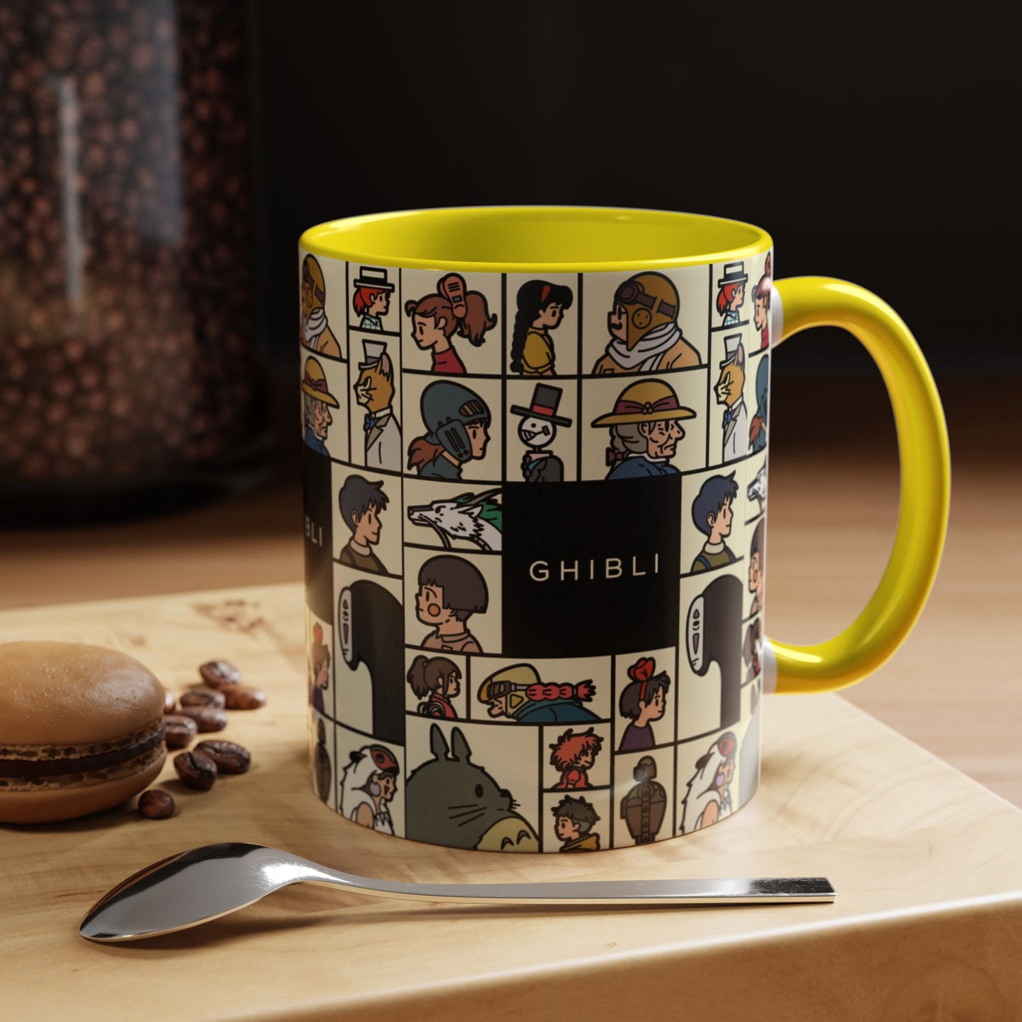 Studio Ghibli Characters Sketch Accent Mug – 11oz & 15oz Anime Coffee Cup with Color Handle