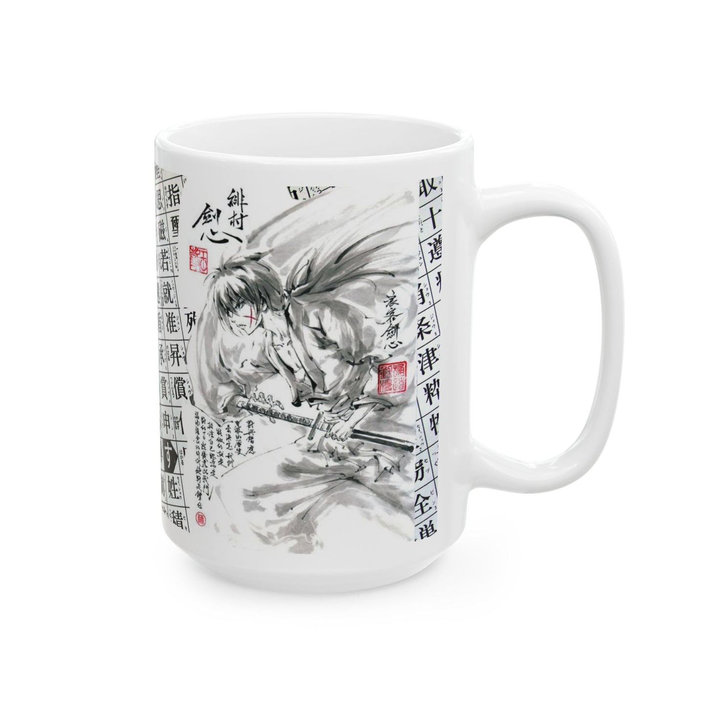 Rurouni Kenshin Kanji Mug – Samurai Anime Ceramic Cup 11oz & 15oz – Japanese Calligraphy Coffee Gift