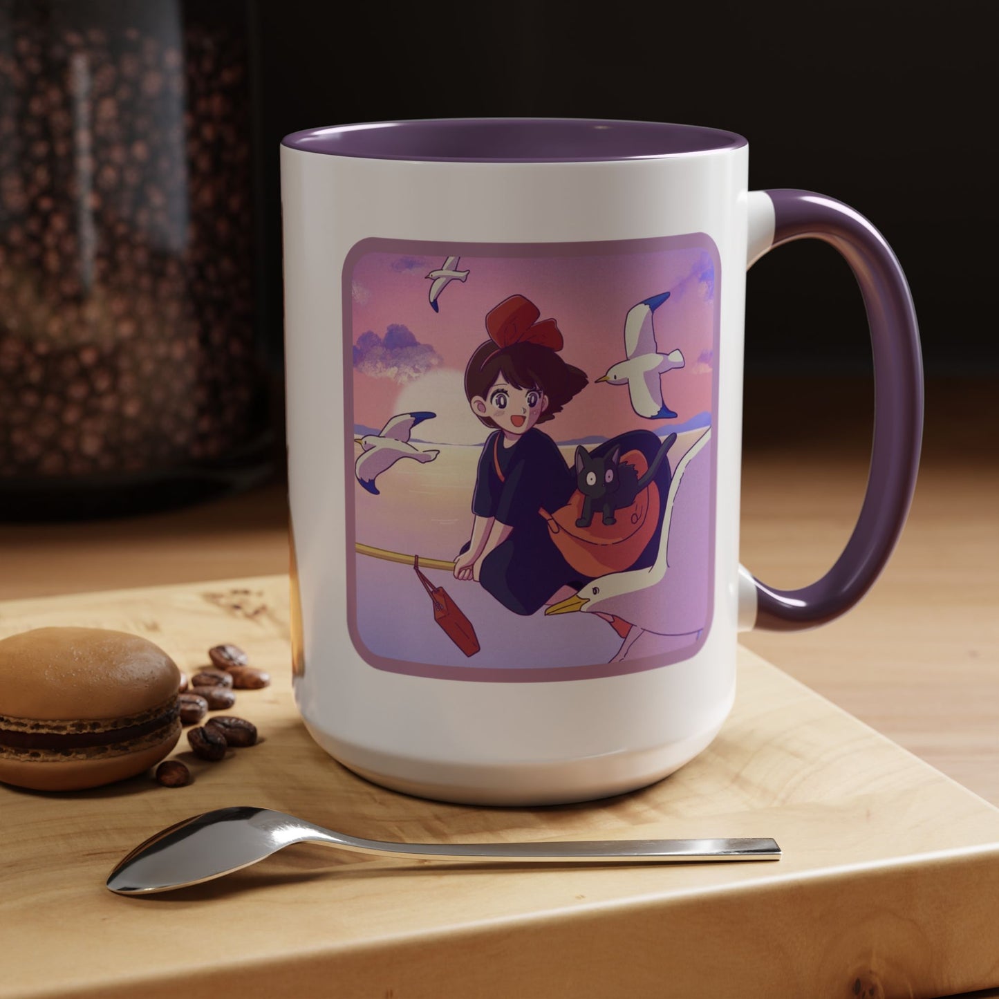 Jiji Funny Accent Mug – Kiki’s Delivery Service Color Handle Cup 11oz & 15oz – Cute Ghibli Cat Anime Gift