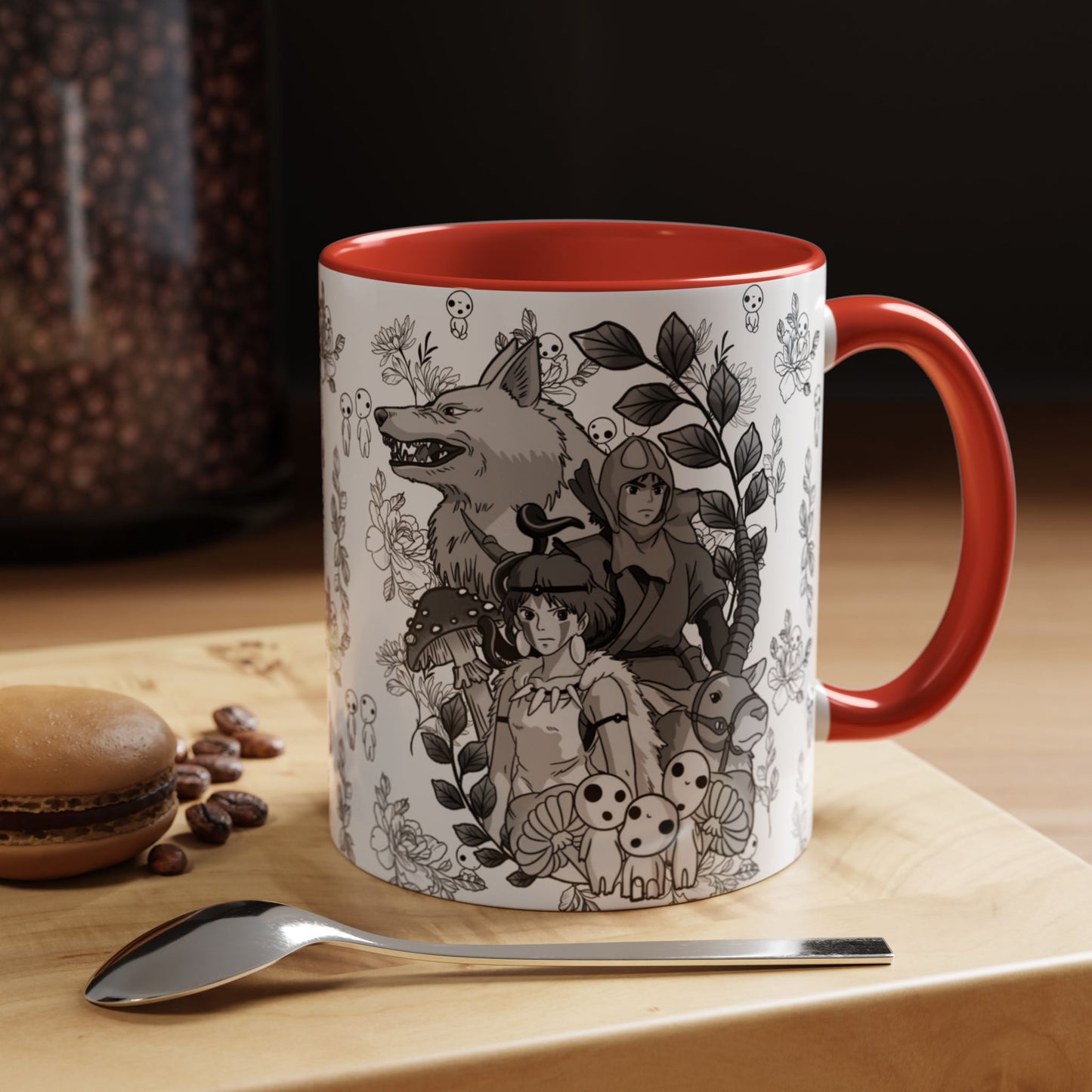 Princess Mononoke Black and White Accent Mug – Studio Ghibli Coffee Cup with Colored Handle – 11oz & 15oz Ceramic Anime Gift