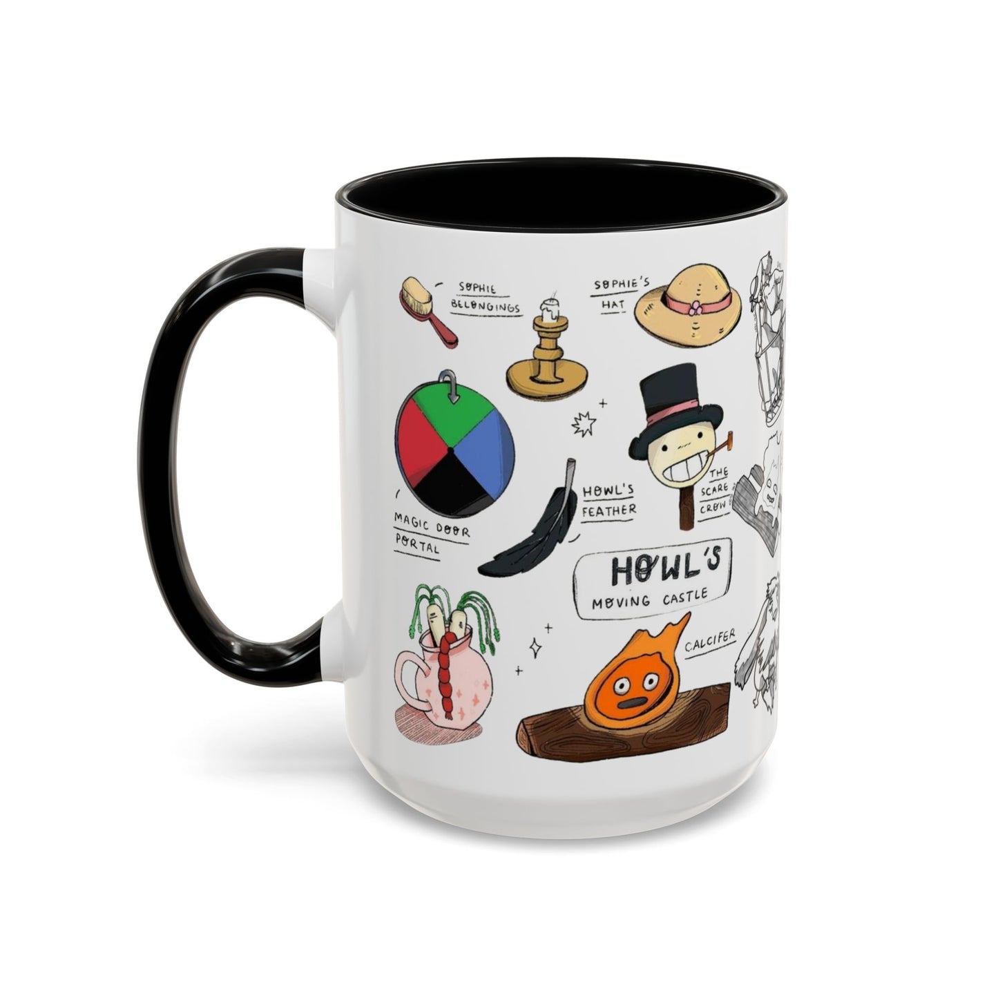 Howl’s Moving Castle Accent Mug – Ghibli Collage Color Handle Cup 11oz & 15oz – Anime Coffee Mug Featuring Howl & Calcifer