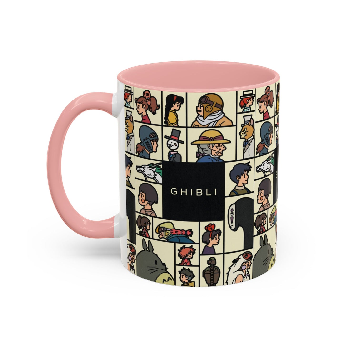 Studio Ghibli Characters Sketch Accent Mug – 11oz & 15oz Anime Coffee Cup with Color Handle