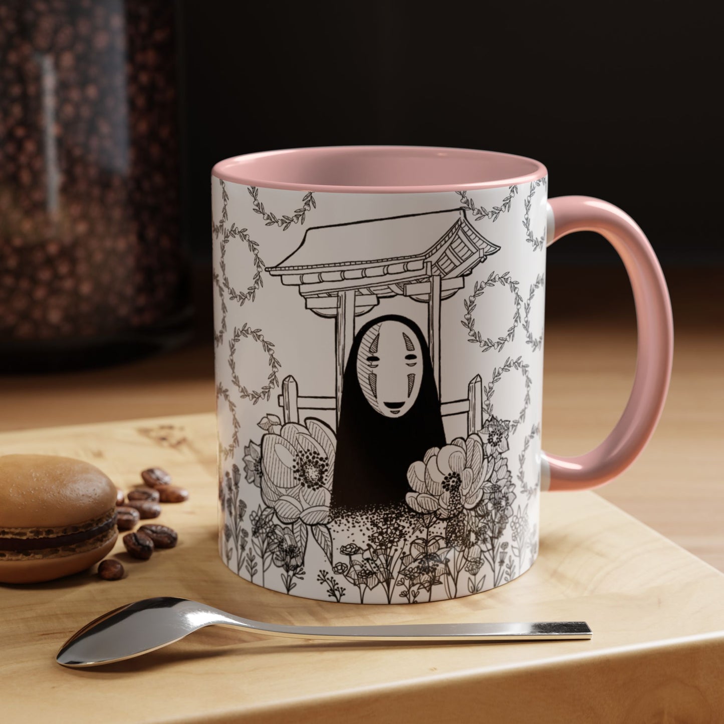 No Face Flowers Accent Mug – Studio Ghibli Inspired Coffee Cup – 11oz & 15oz Ceramic Anime Gift