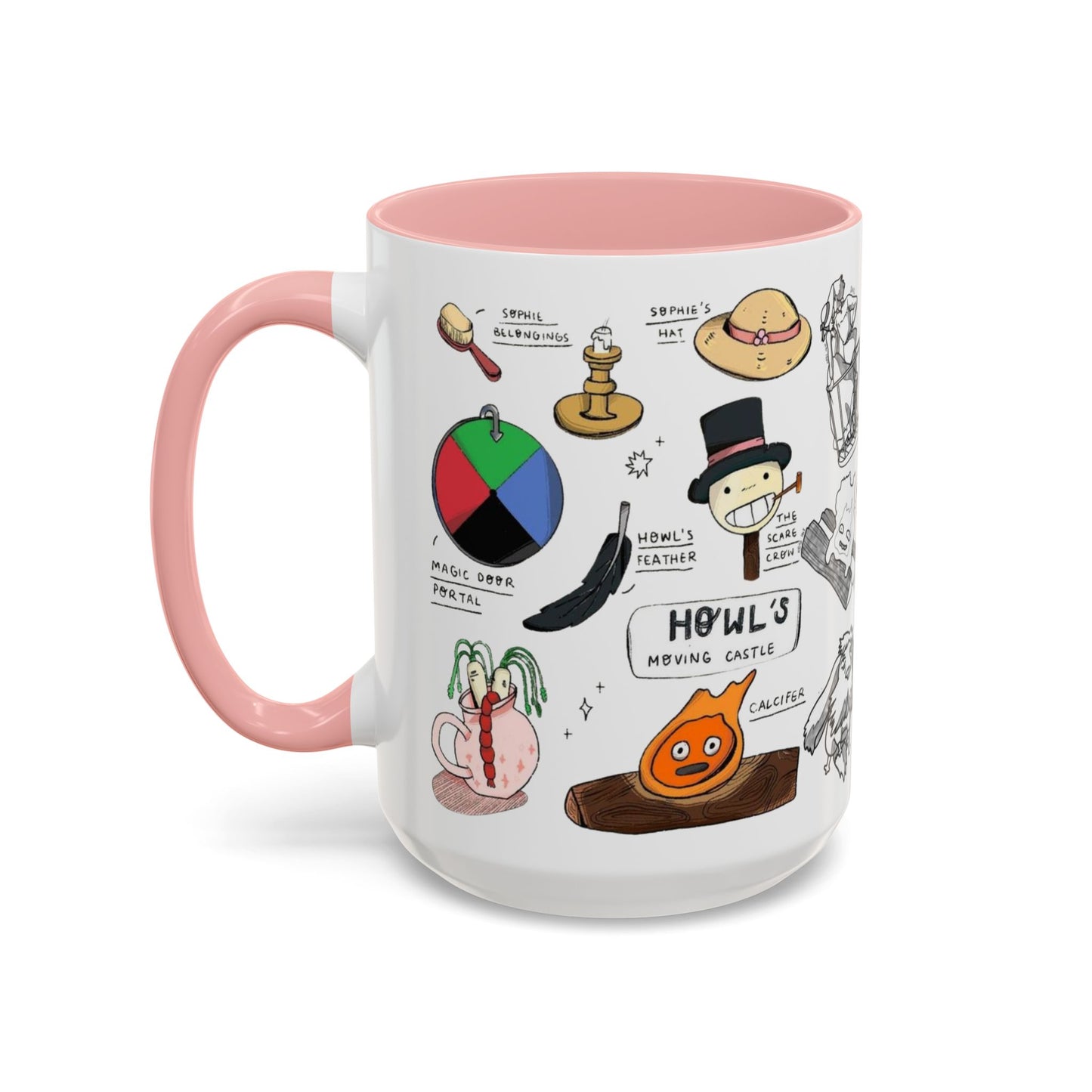 Howl’s Moving Castle Accent Mug – Ghibli Collage Color Handle Cup 11oz & 15oz – Anime Coffee Mug Featuring Howl & Calcifer