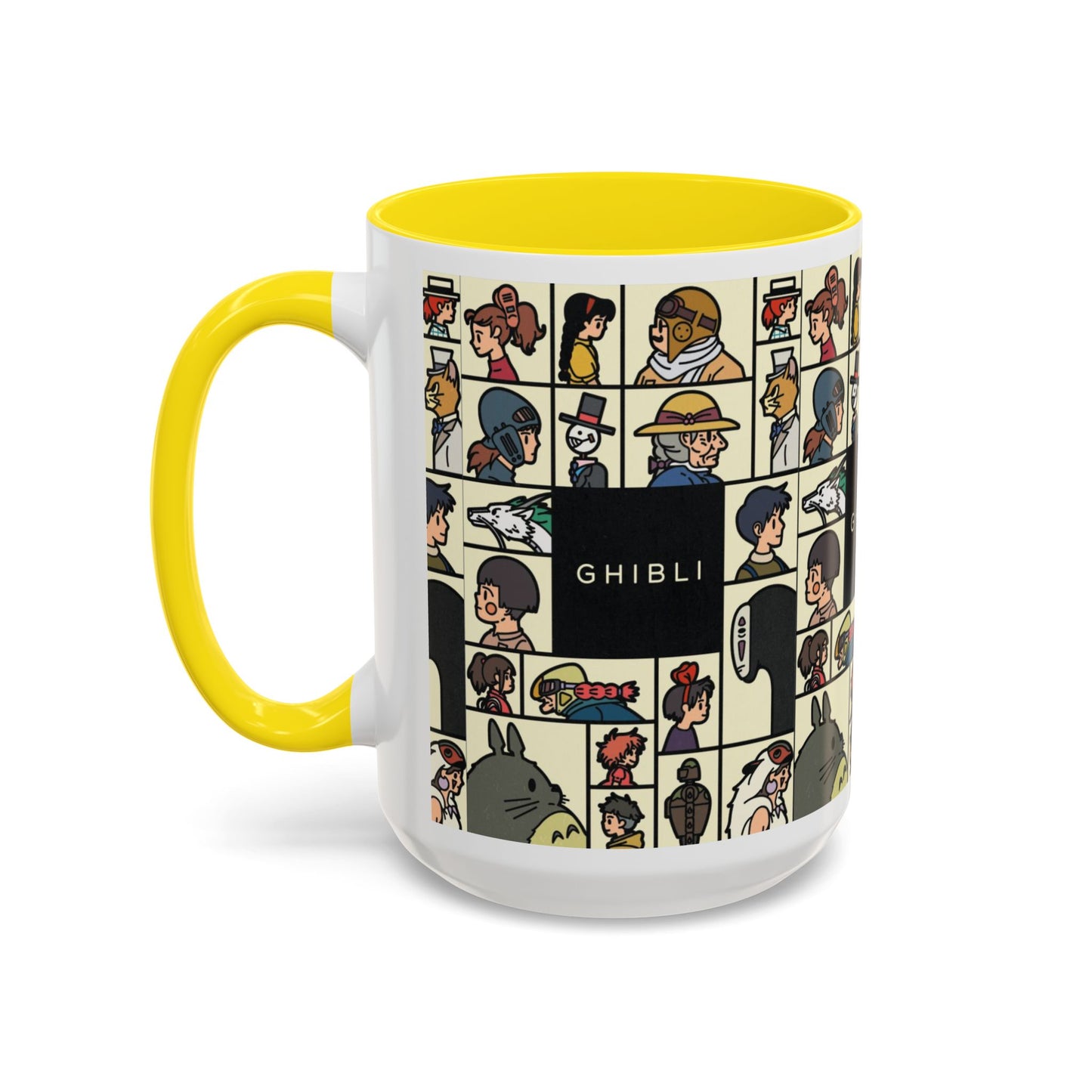 Studio Ghibli Characters Sketch Accent Mug – 11oz & 15oz Anime Coffee Cup with Color Handle