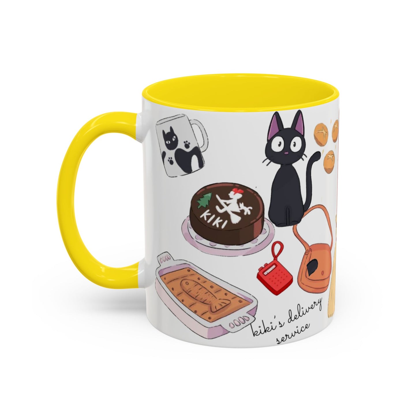 Jiji Funny Accent Mug – Kiki’s Delivery Service Color Handle Cup 11oz & 15oz – Cute Ghibli Cat Anime Gift