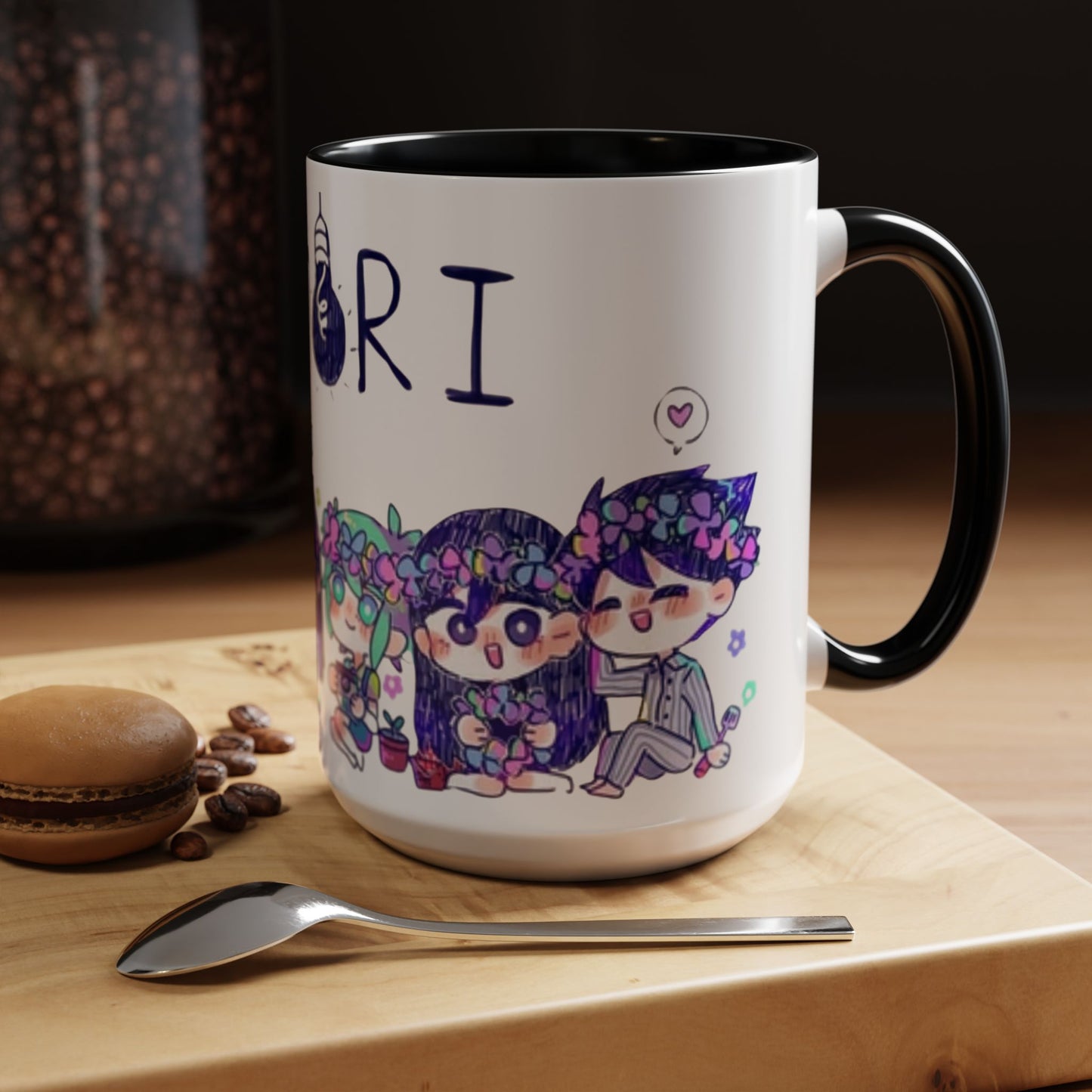 Family Omori Accent Handle Mug – 11oz & 15oz Color Handle Ceramic Cup – Cute Indie Game Gift for Omori Fans