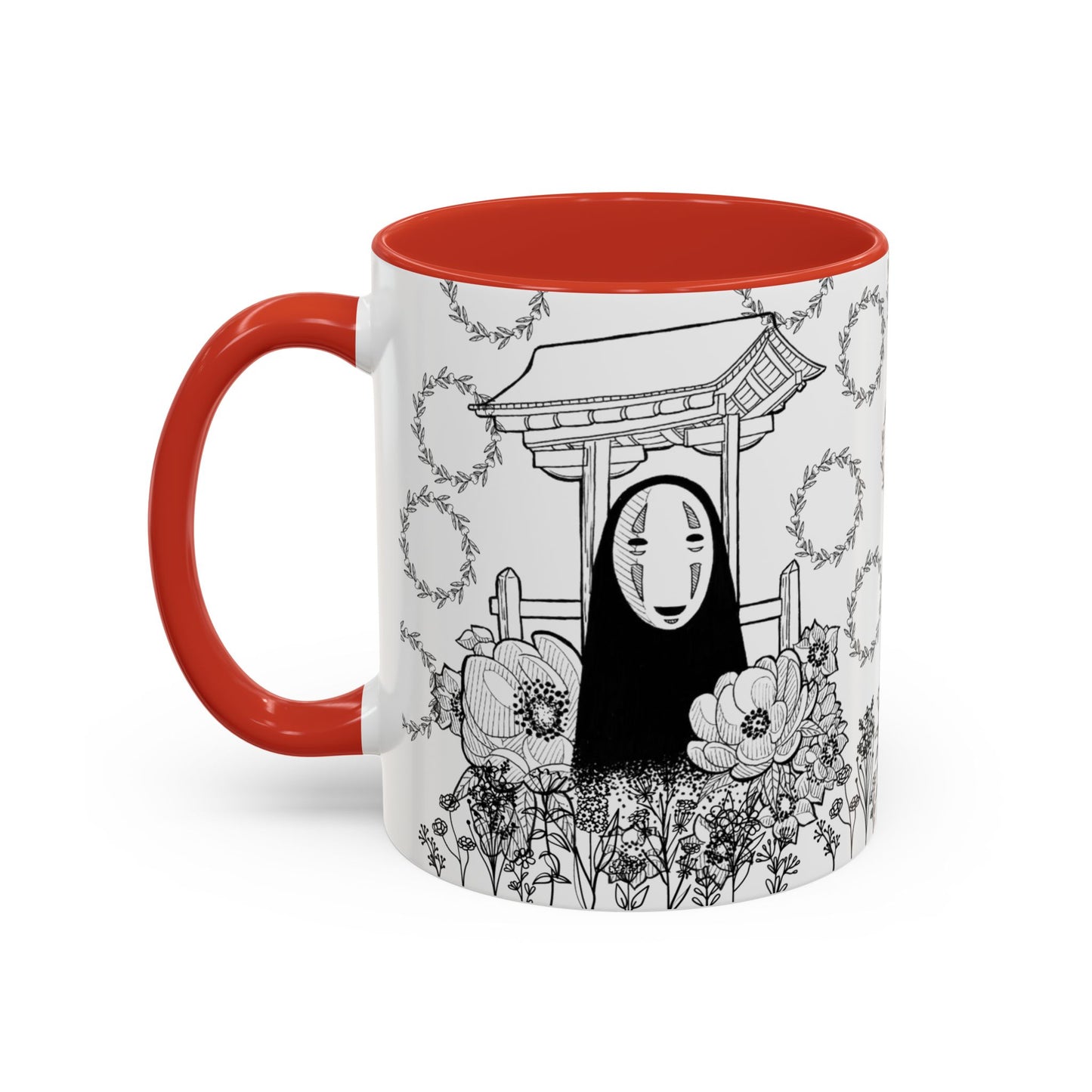No Face Flowers Accent Mug – Studio Ghibli Inspired Coffee Cup – 11oz & 15oz Ceramic Anime Gift