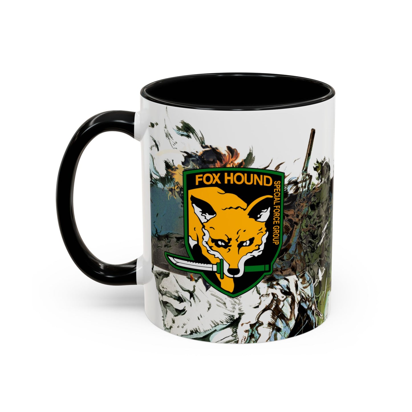 Metal Gear Fox Hound Accent Mug – 11oz & 15oz Colored Handle Coffee Cup – Tactical Gamer Gift for Fans