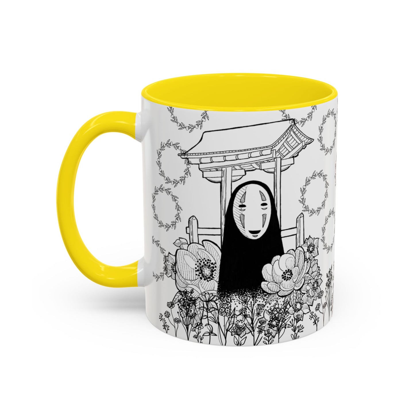 No Face Flowers Accent Mug – Studio Ghibli Inspired Coffee Cup – 11oz & 15oz Ceramic Anime Gift