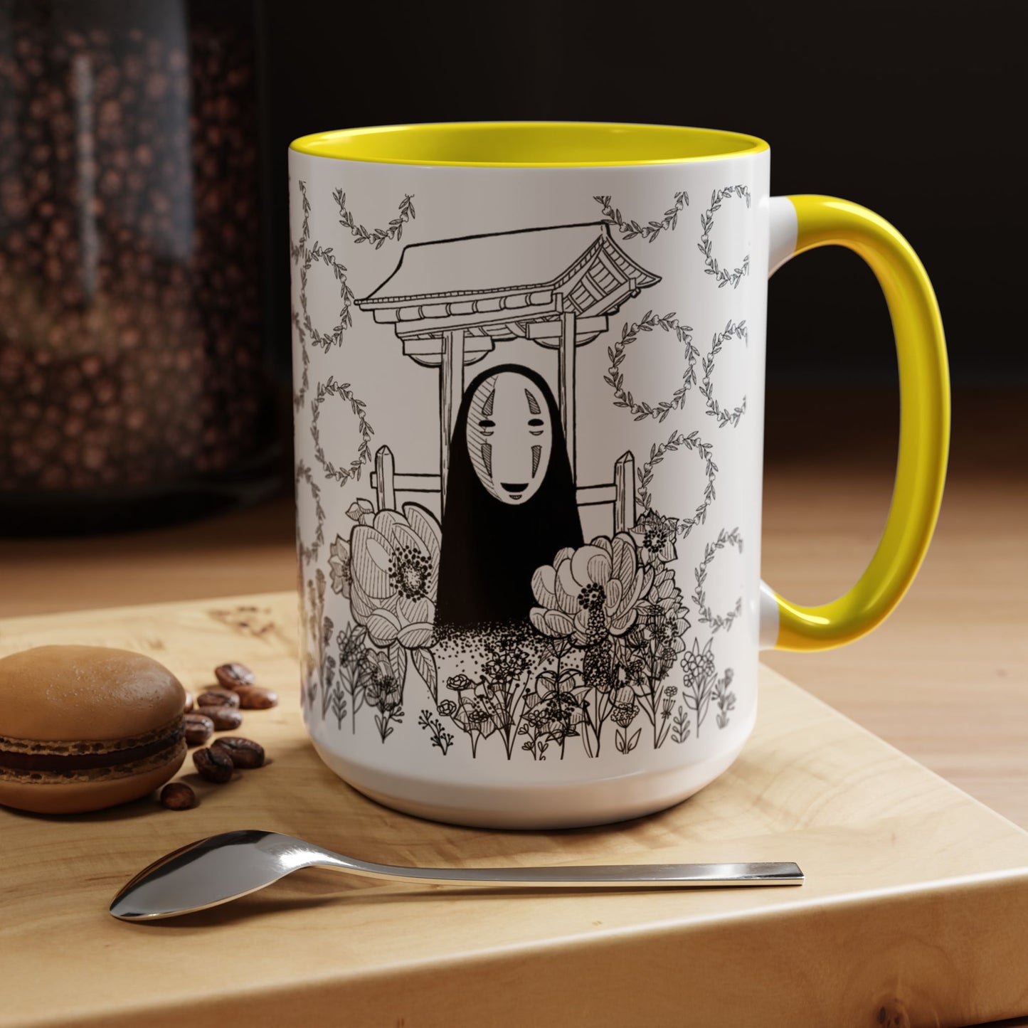 No Face Flowers Accent Mug – Studio Ghibli Inspired Coffee Cup – 11oz & 15oz Ceramic Anime Gift