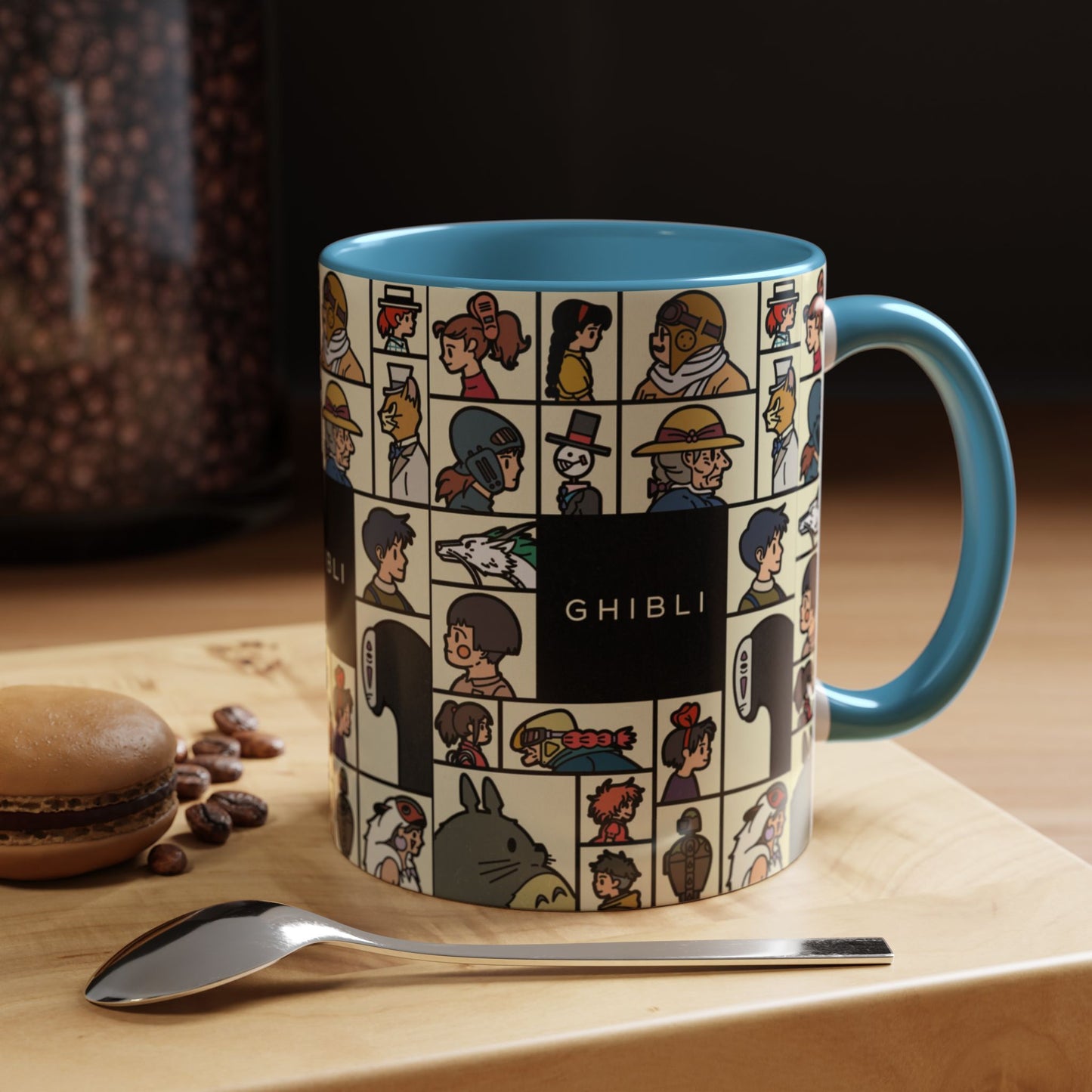 Studio Ghibli Characters Sketch Accent Mug – 11oz & 15oz Anime Coffee Cup with Color Handle