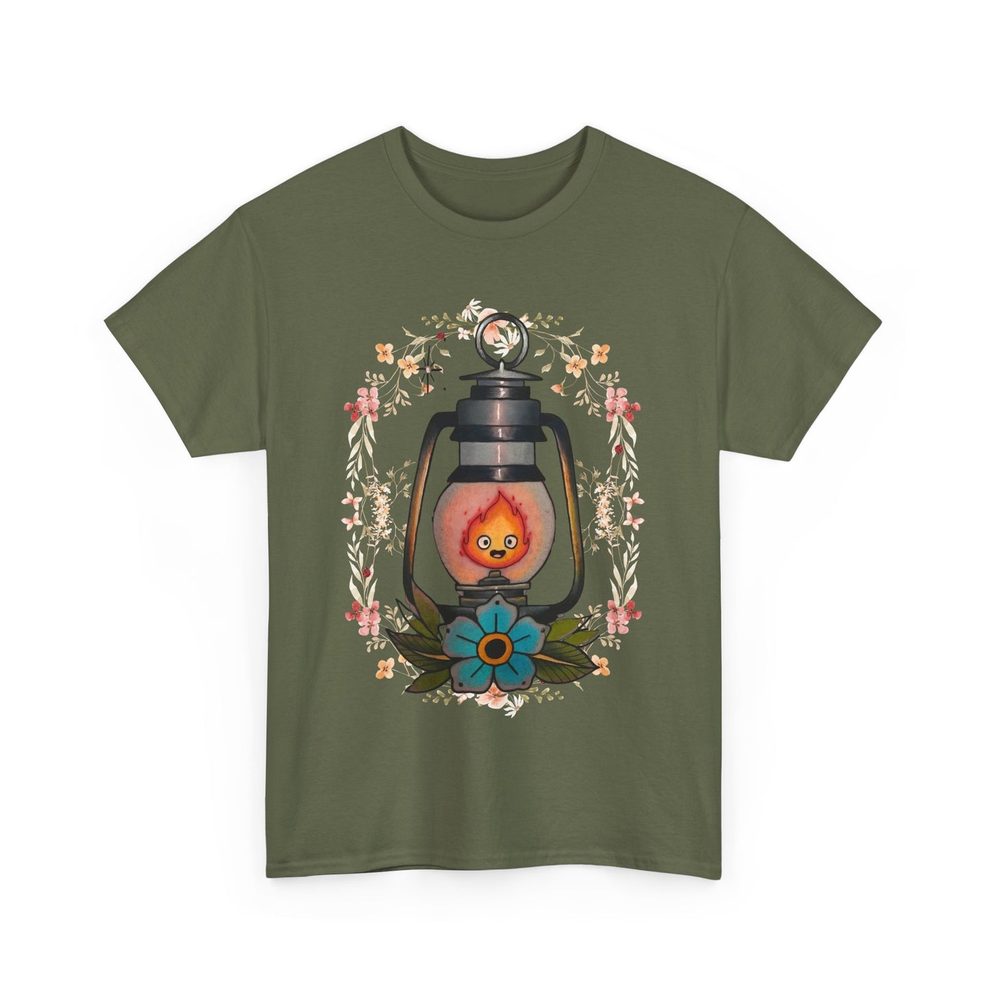 Calcifer Lamp Flowers T-Shirt – 100% Cotton Howl’s Moving Castle Inspired Tee for Anime Fans
