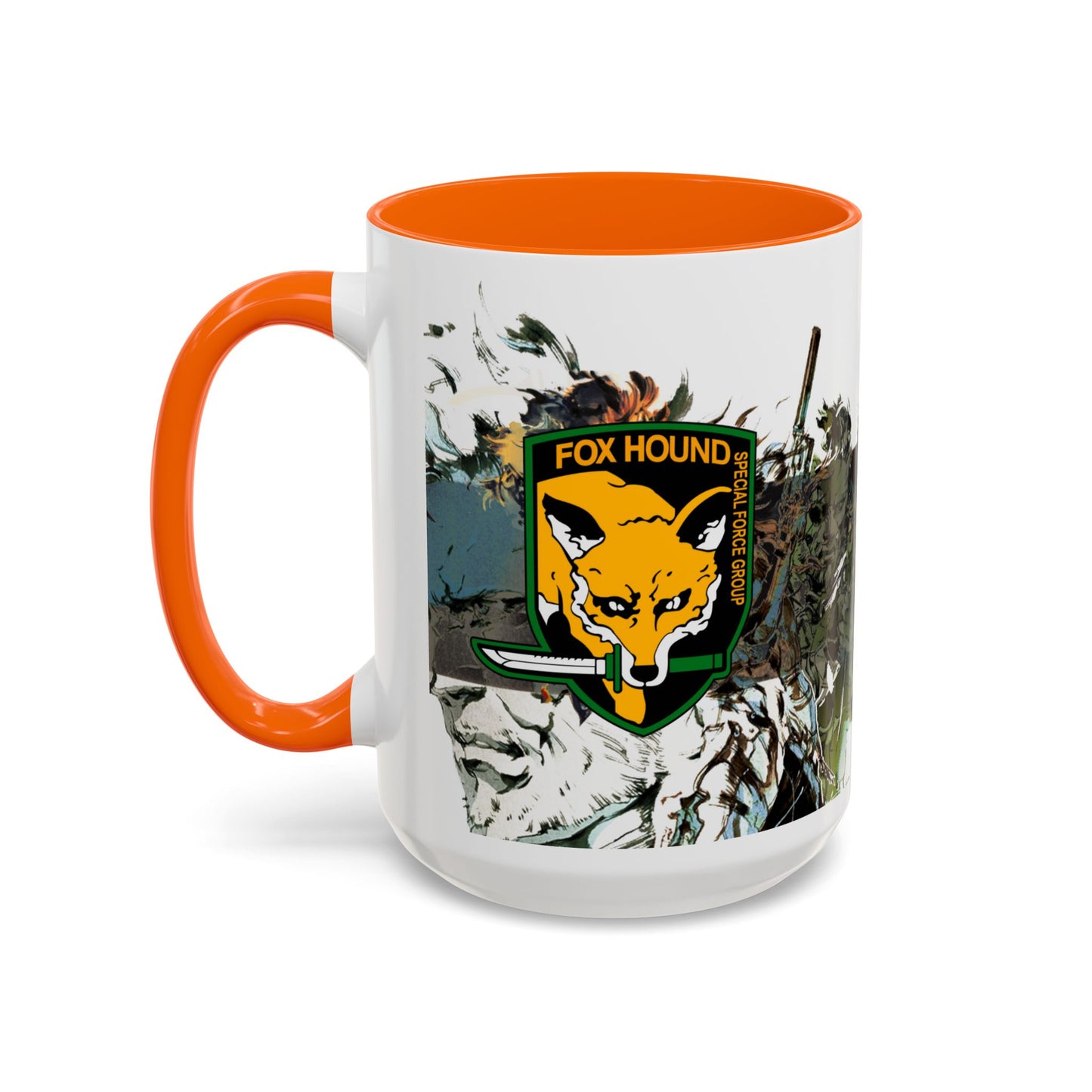 Metal Gear Fox Hound Accent Mug – 11oz & 15oz Colored Handle Coffee Cup – Tactical Gamer Gift for Fans