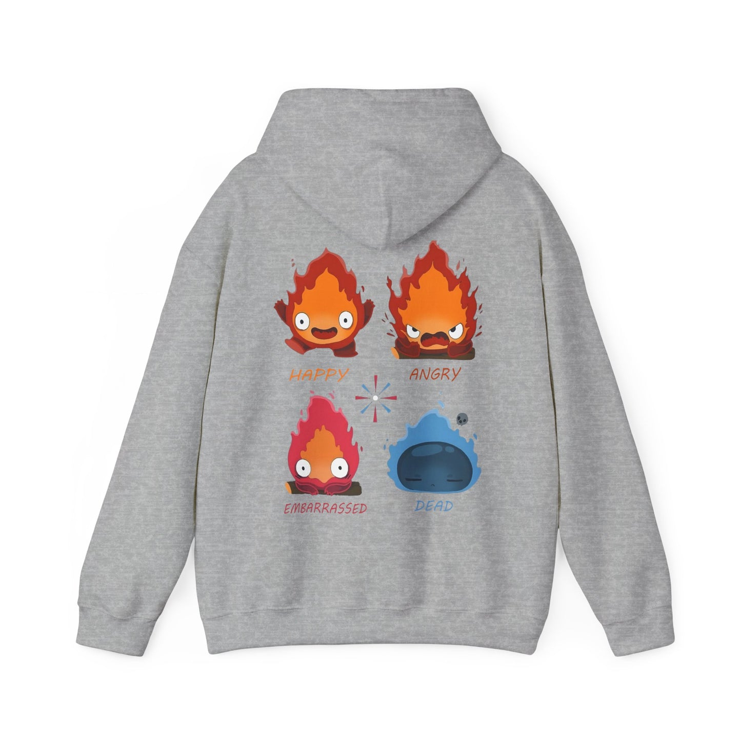 Funny Calcifer Faces Back Print Hoodie – 100% Cotton Anime Pullover | Howl’s Moving Castle Ghibli Style