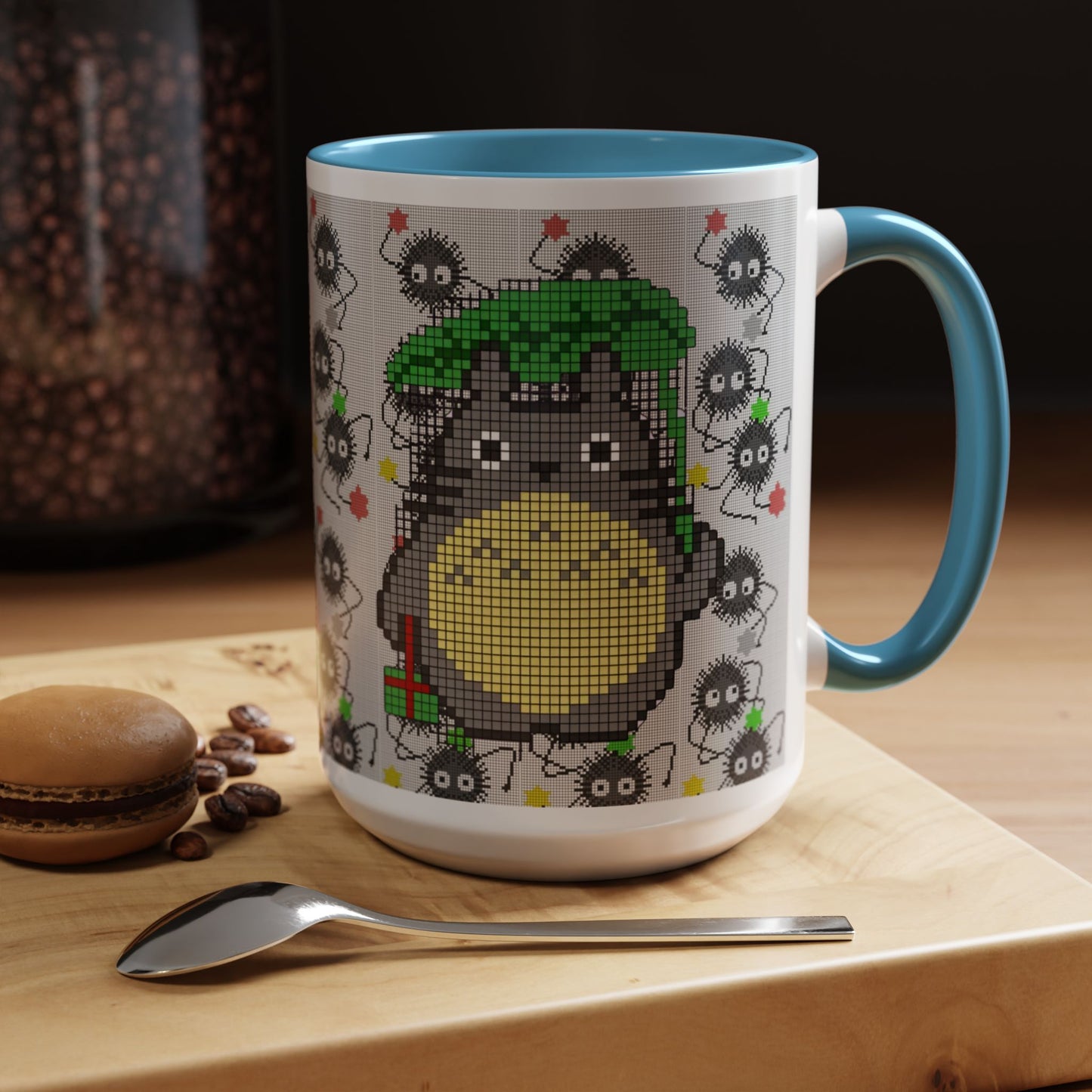 Totoro & Soot Sprites Accent Mug – Color Handle Studio Ghibli Cup – 11oz & 15oz Ceramic Anime Coffee Gift