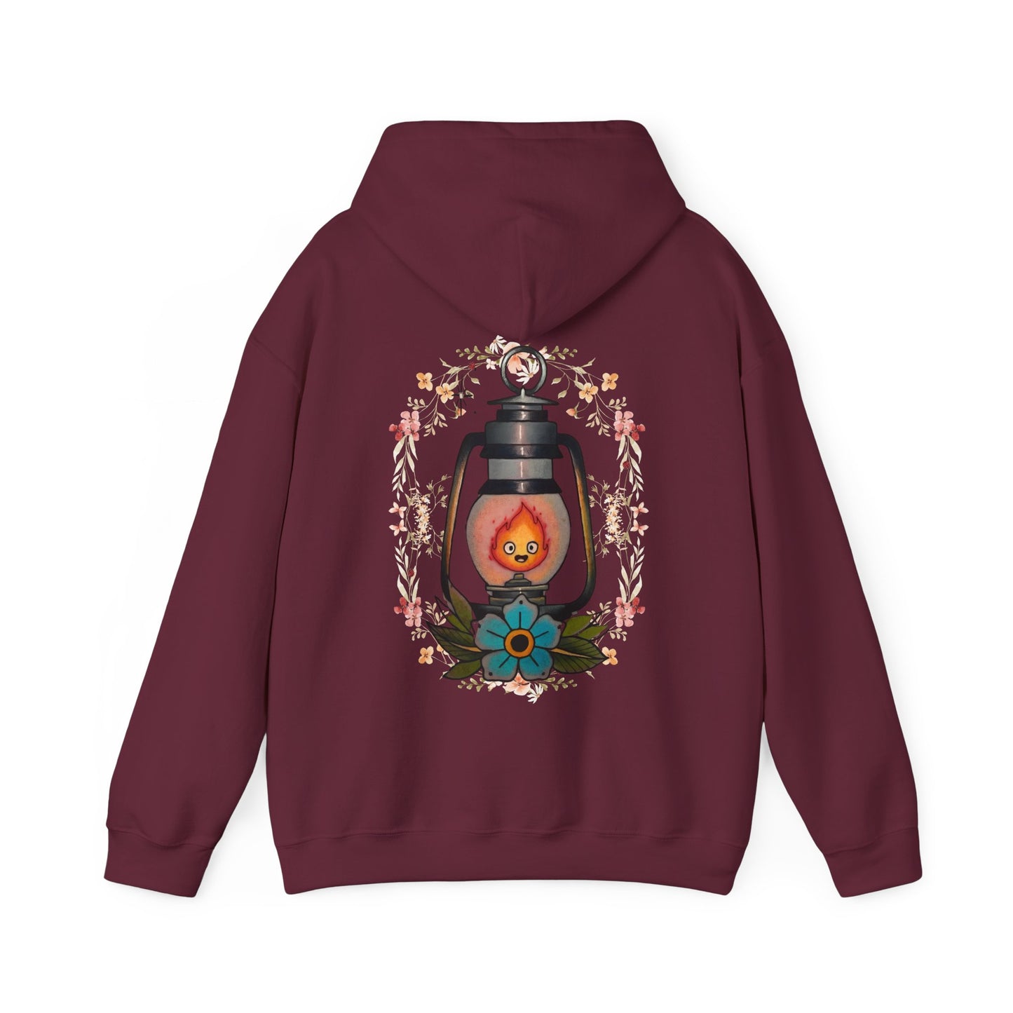 Calcifer Lamp Flowers Back Print Hoodie – 100% Cotton Studio Ghibli Inspired Sweatshirt