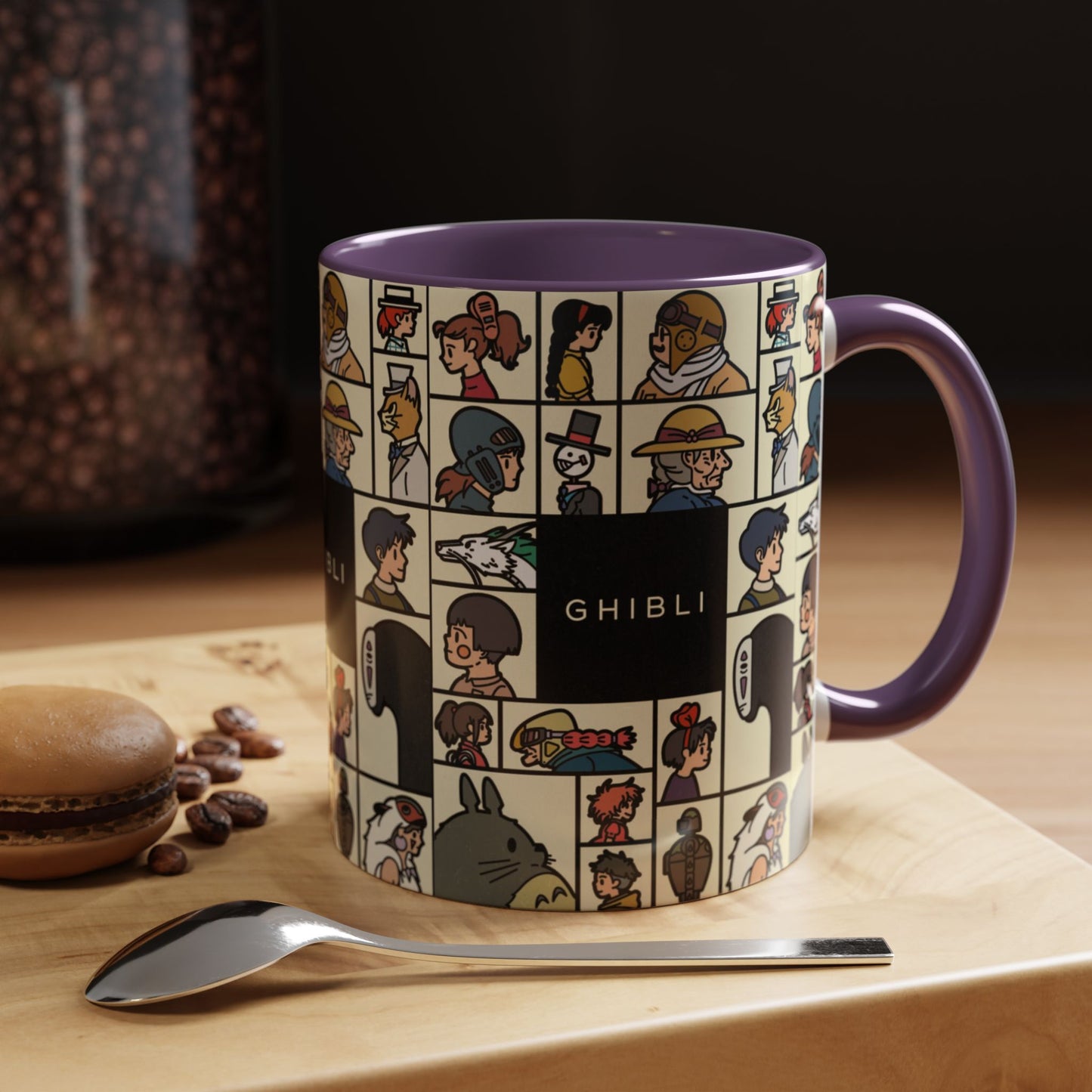 Studio Ghibli Characters Sketch Accent Mug – 11oz & 15oz Anime Coffee Cup with Color Handle