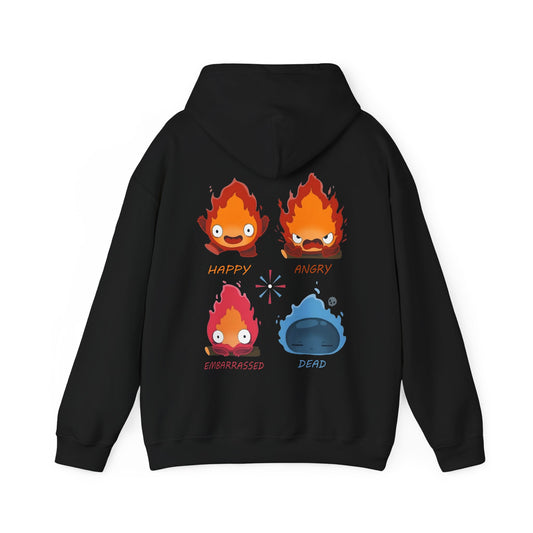 Funny Calcifer Faces Back Print Hoodie – 100% Cotton Anime Pullover | Howl’s Moving Castle Ghibli Style