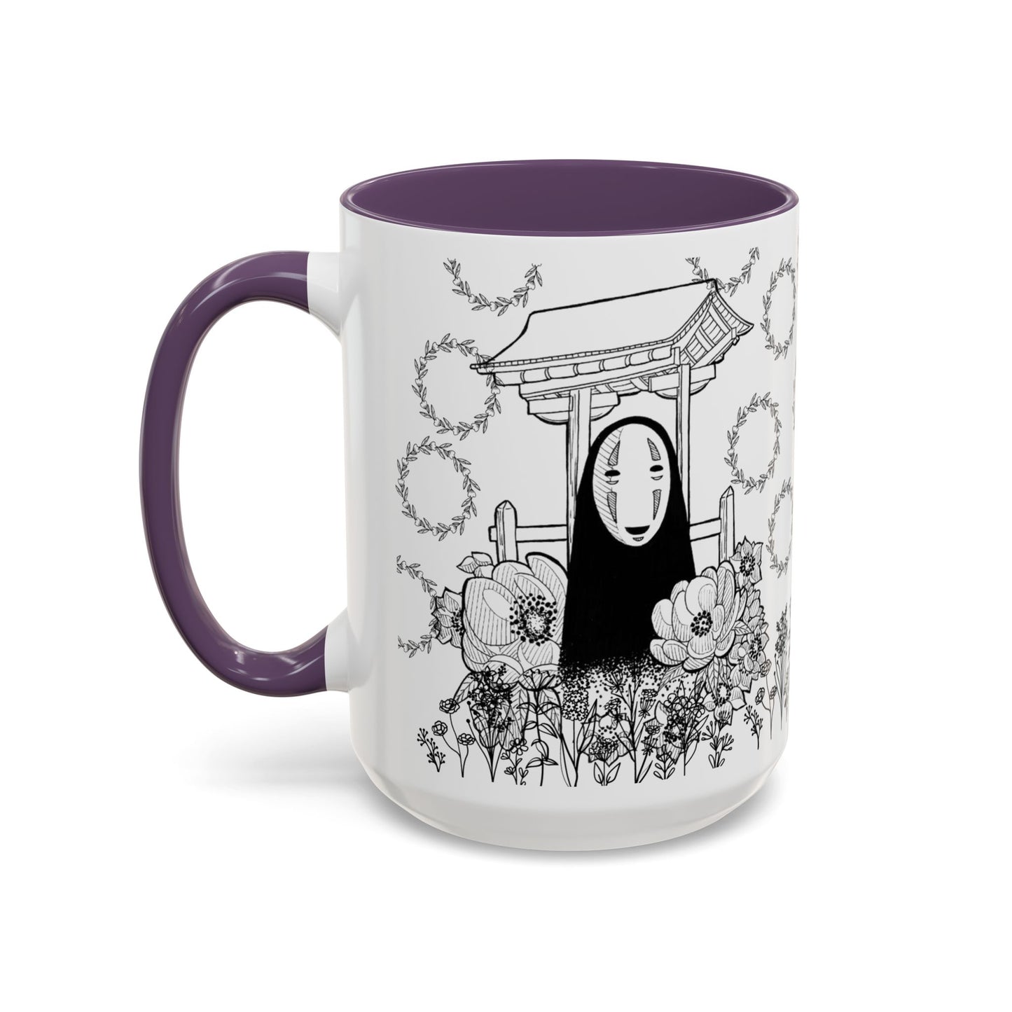 No Face Flowers Accent Mug – Studio Ghibli Inspired Coffee Cup – 11oz & 15oz Ceramic Anime Gift