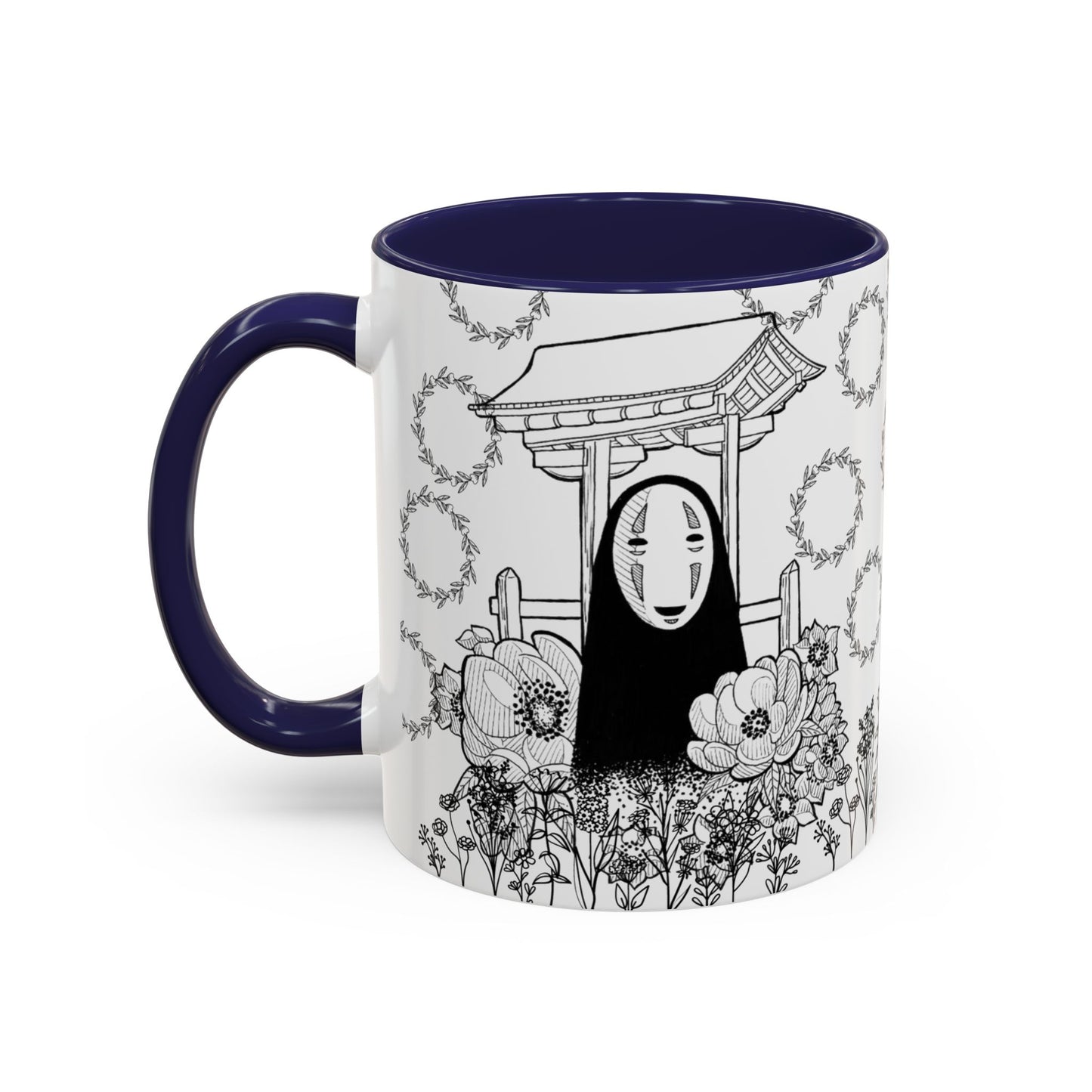 No Face Flowers Accent Mug – Studio Ghibli Inspired Coffee Cup – 11oz & 15oz Ceramic Anime Gift