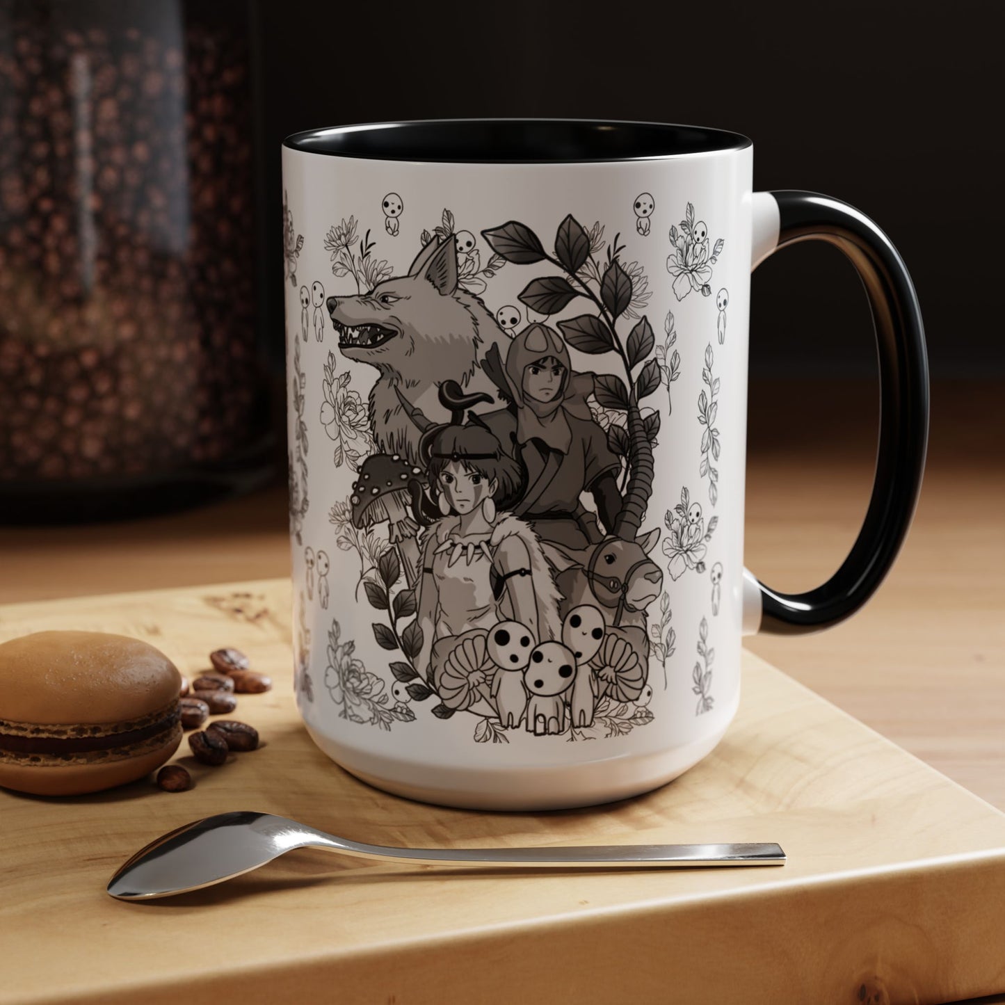 Princess Mononoke Black and White Accent Mug – Studio Ghibli Coffee Cup with Colored Handle – 11oz & 15oz Ceramic Anime Gift