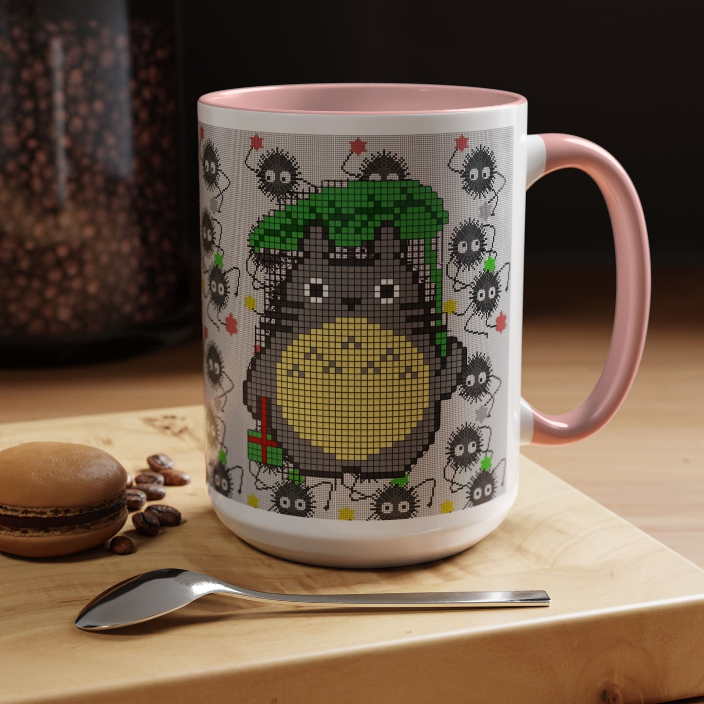 Totoro & Soot Sprites Accent Mug – Color Handle Studio Ghibli Cup – 11oz & 15oz Ceramic Anime Coffee Gift
