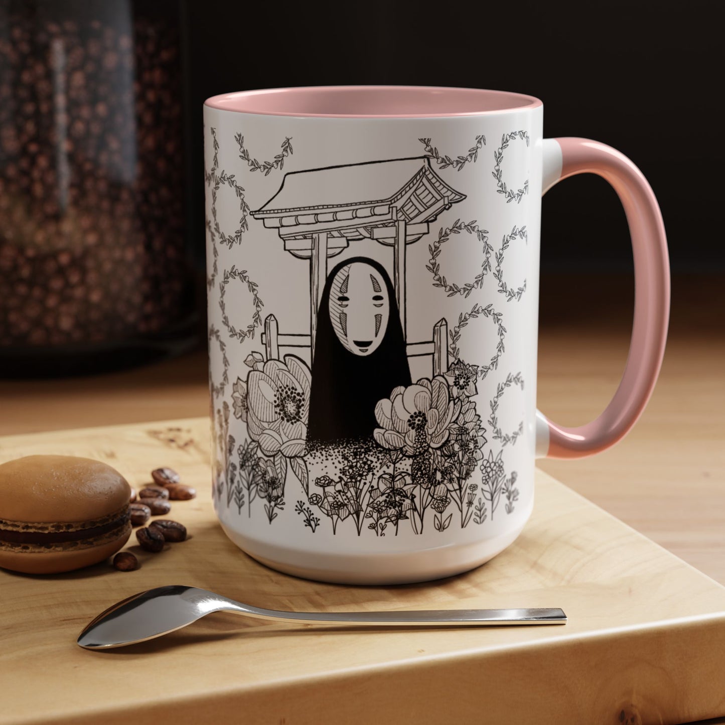 No Face Flowers Accent Mug – Studio Ghibli Inspired Coffee Cup – 11oz & 15oz Ceramic Anime Gift