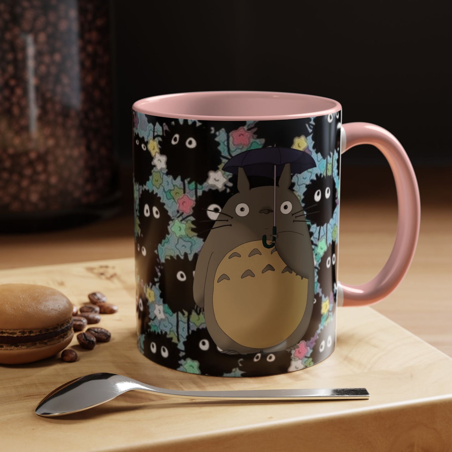 Totoro & Soot Sprites Accent Mug – Studio Ghibli Color Handle Cup – 11oz & 15oz Ceramic Anime Gift