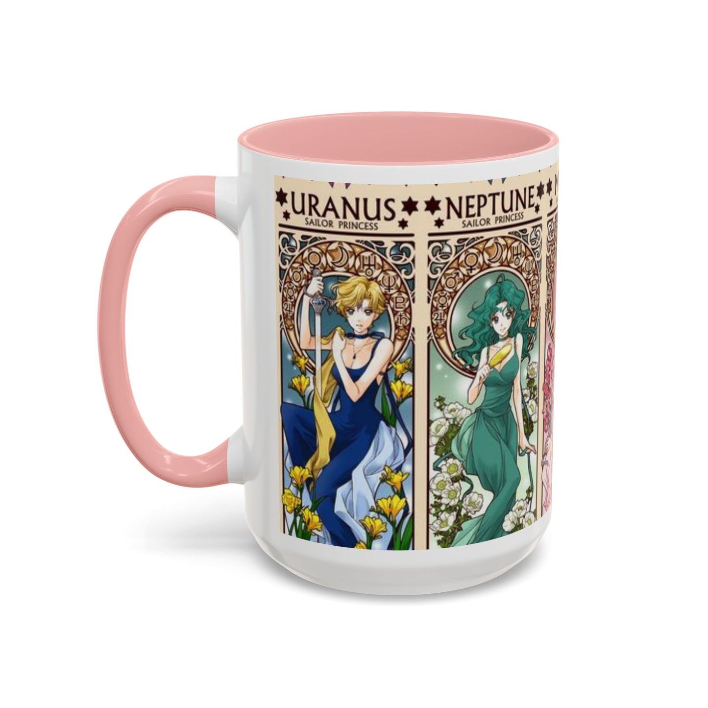 Sailor Moon Outer Guardians Accent Mug – Uranus Neptune Pluto Saturn – Color Handle Anime Cup 11oz 15oz
