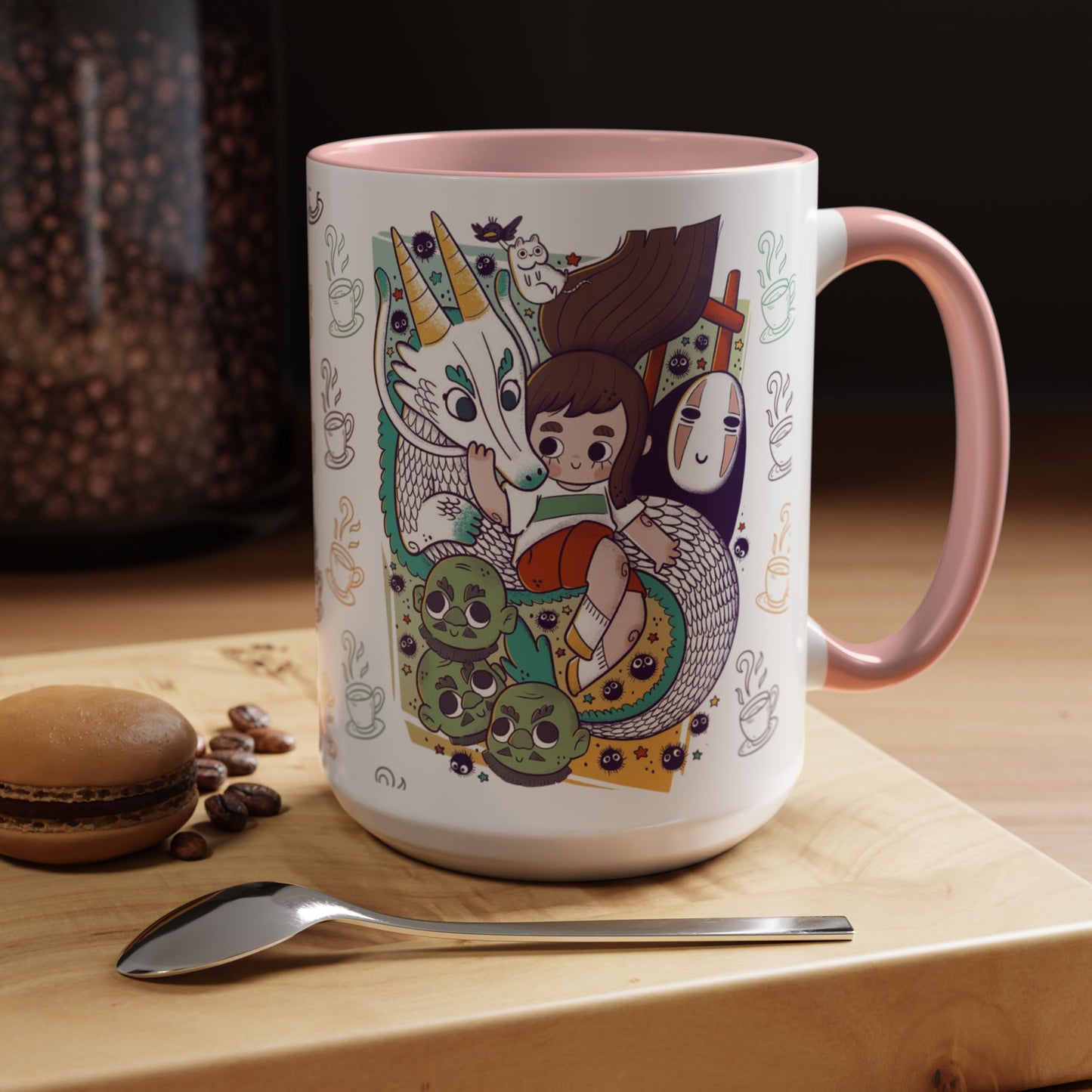 Spirited Away Accent Mug – Color Handle Anime Cup 11oz & 15oz – Studio Ghibli Coffee Mug Featuring Chihiro & No Face