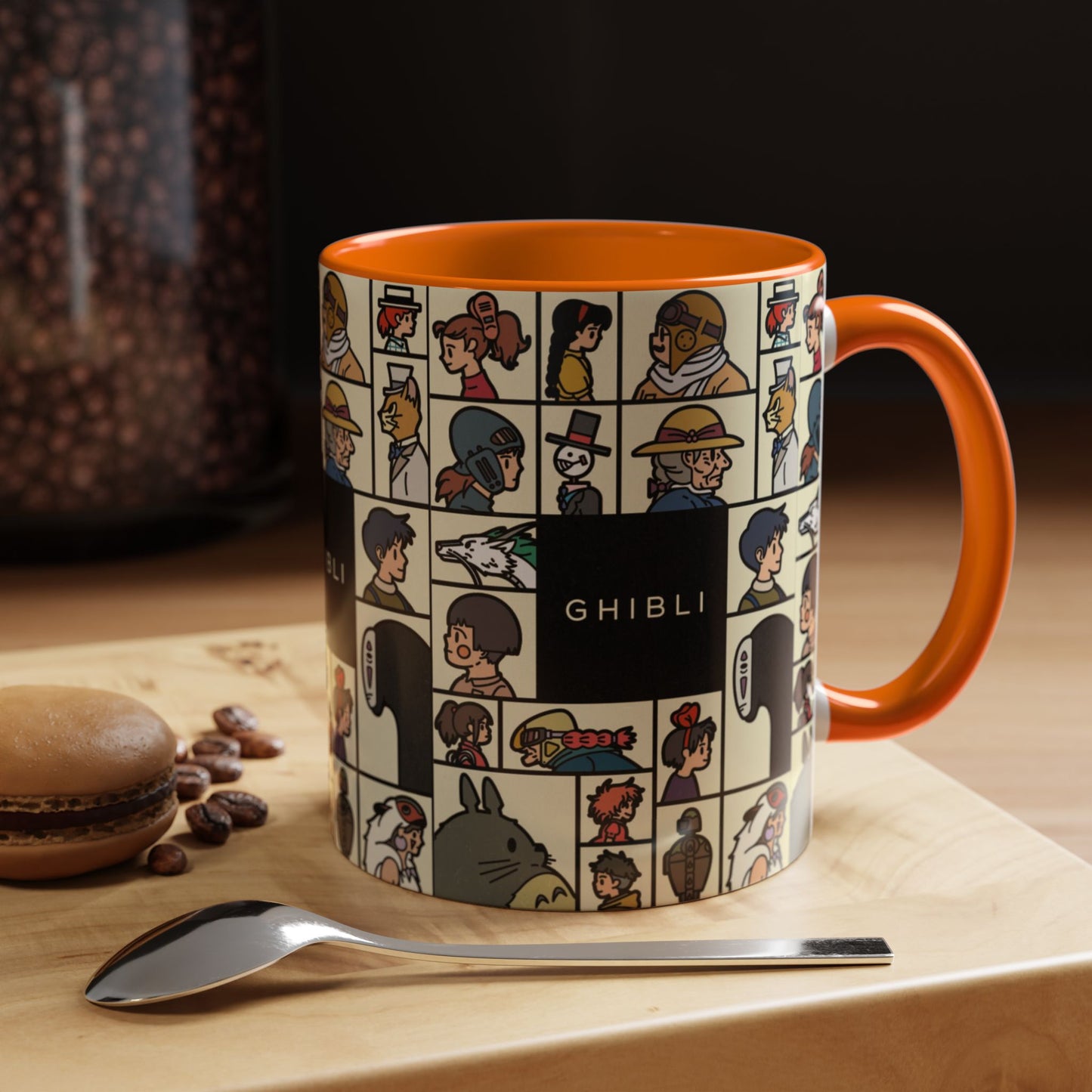 Studio Ghibli Characters Sketch Accent Mug – 11oz & 15oz Anime Coffee Cup with Color Handle